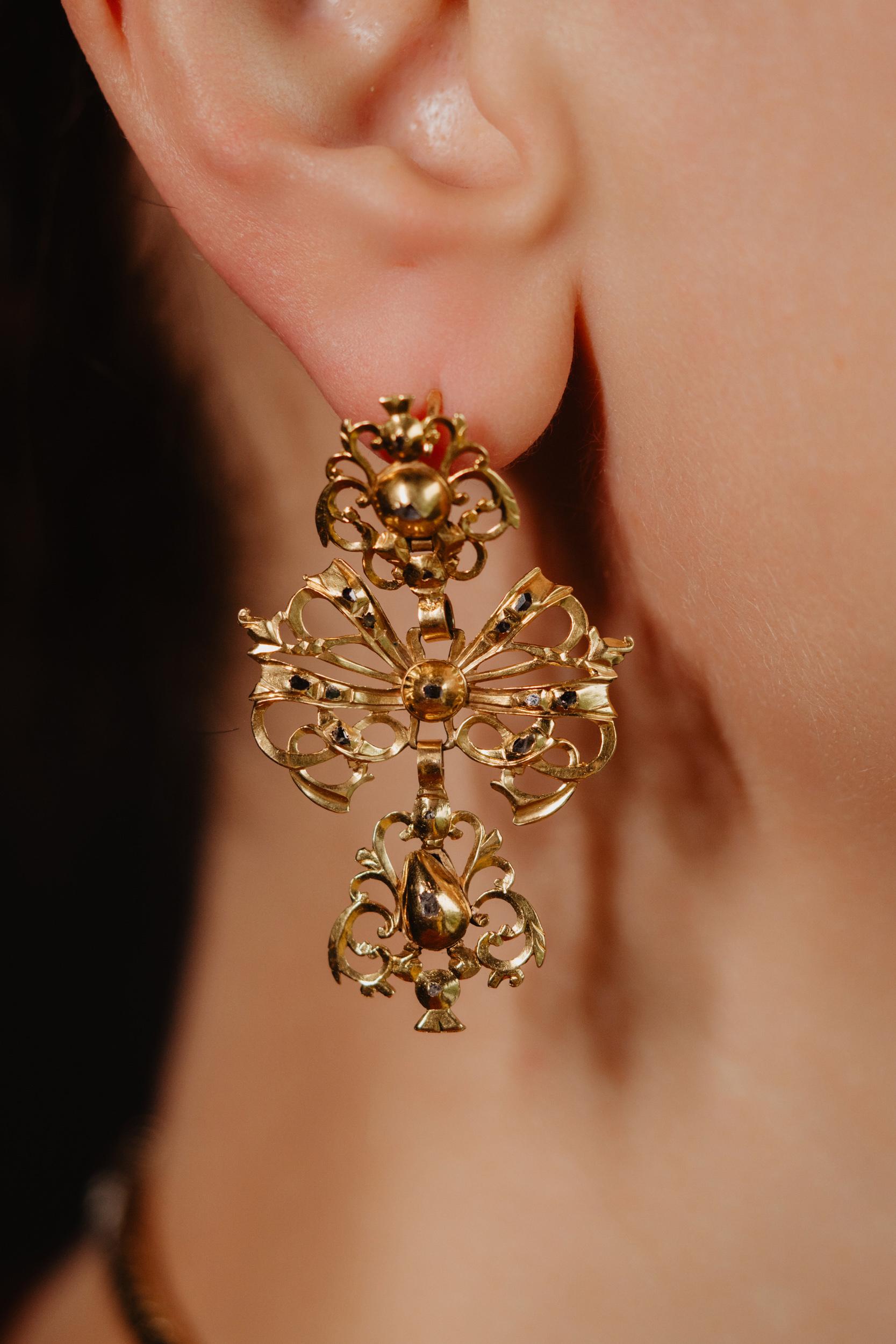 Rococo Antique 18th Century Georgian Era Diamond Catalan Earrings, Iberian Jewelry For Sale