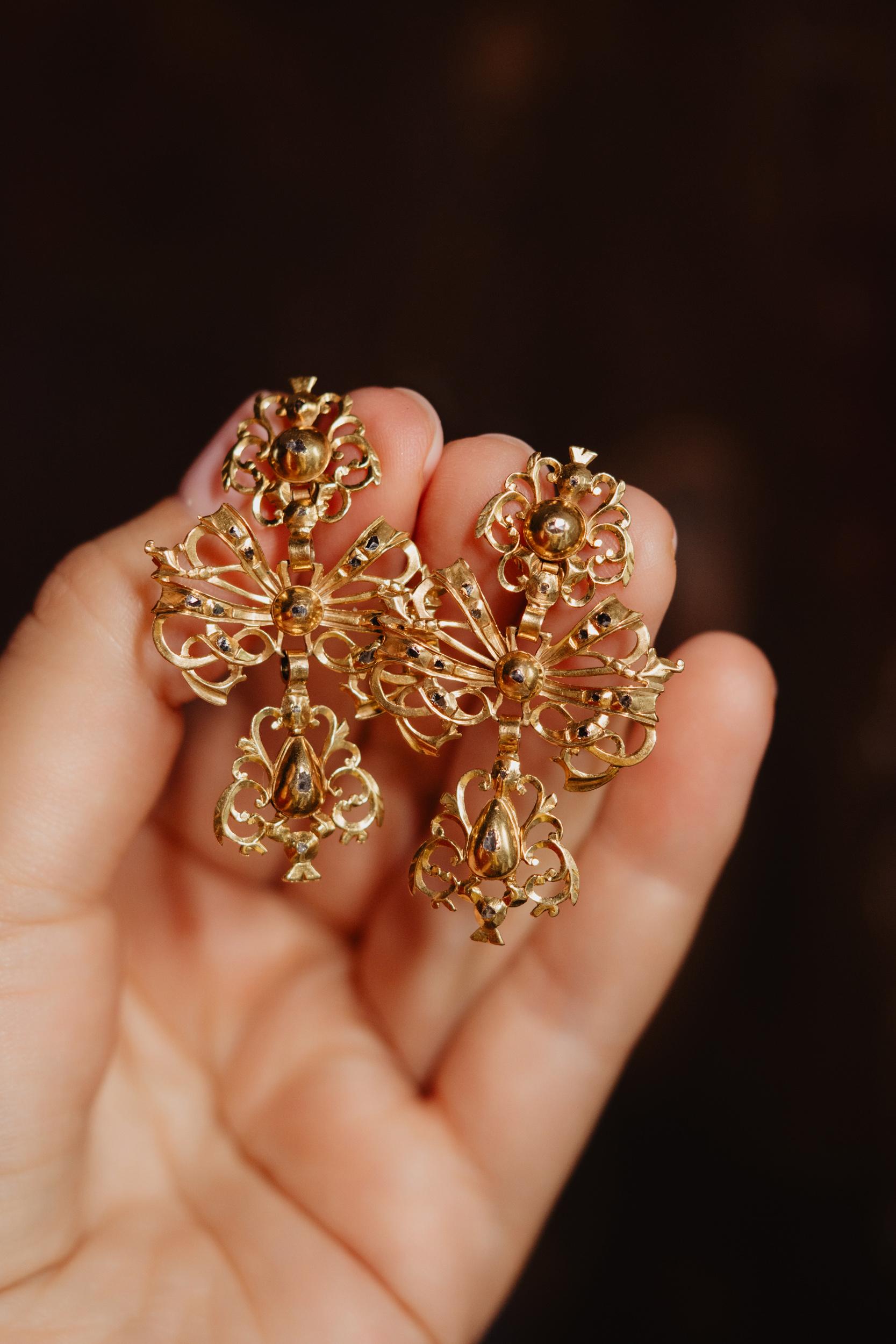 Single Cut Antique 18th Century Georgian Era Diamond Catalan Earrings, Iberian Jewelry For Sale