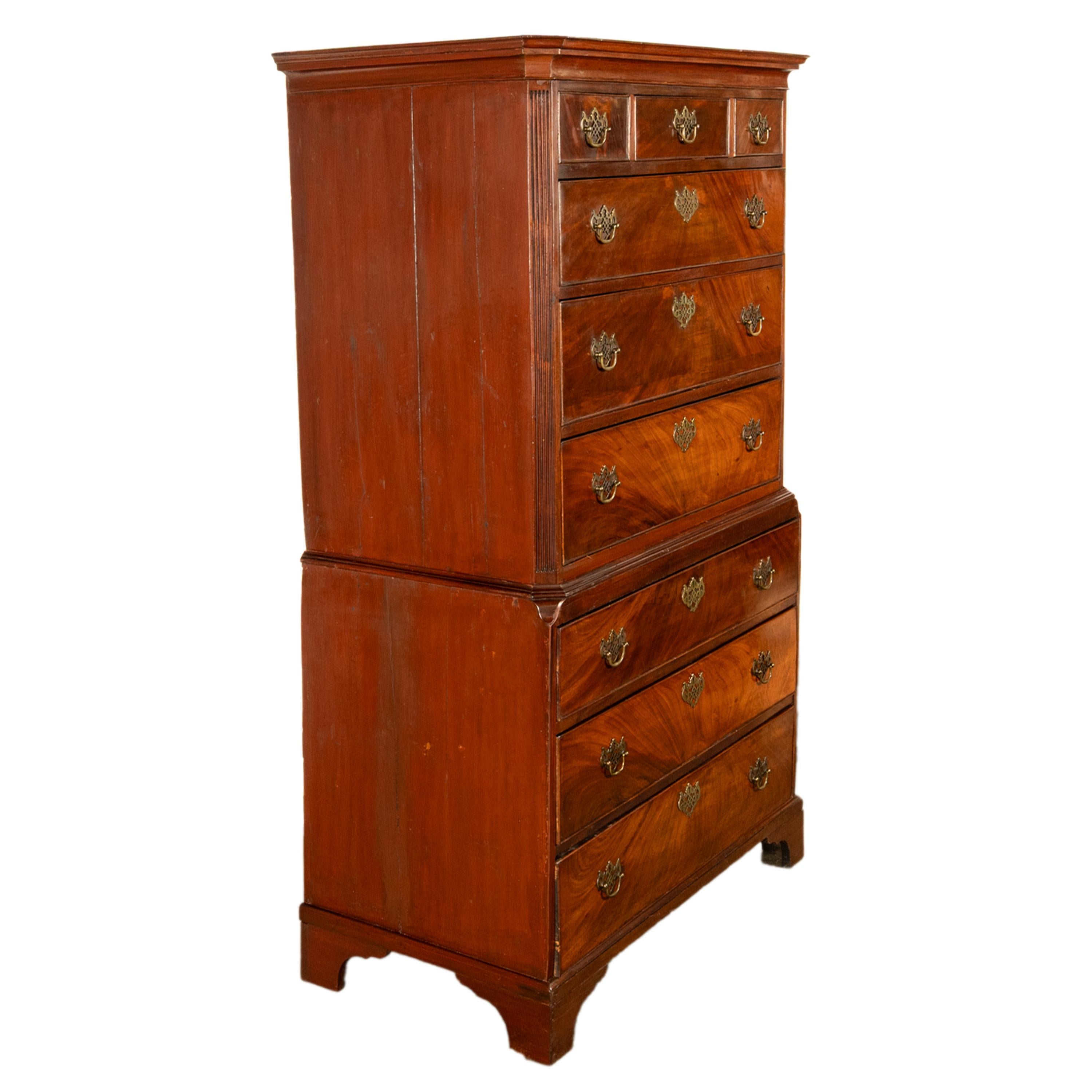 George III Antique 18th Century Georgian Flame Mahogany Chest on Chest Highboy Dresser 1780 For Sale