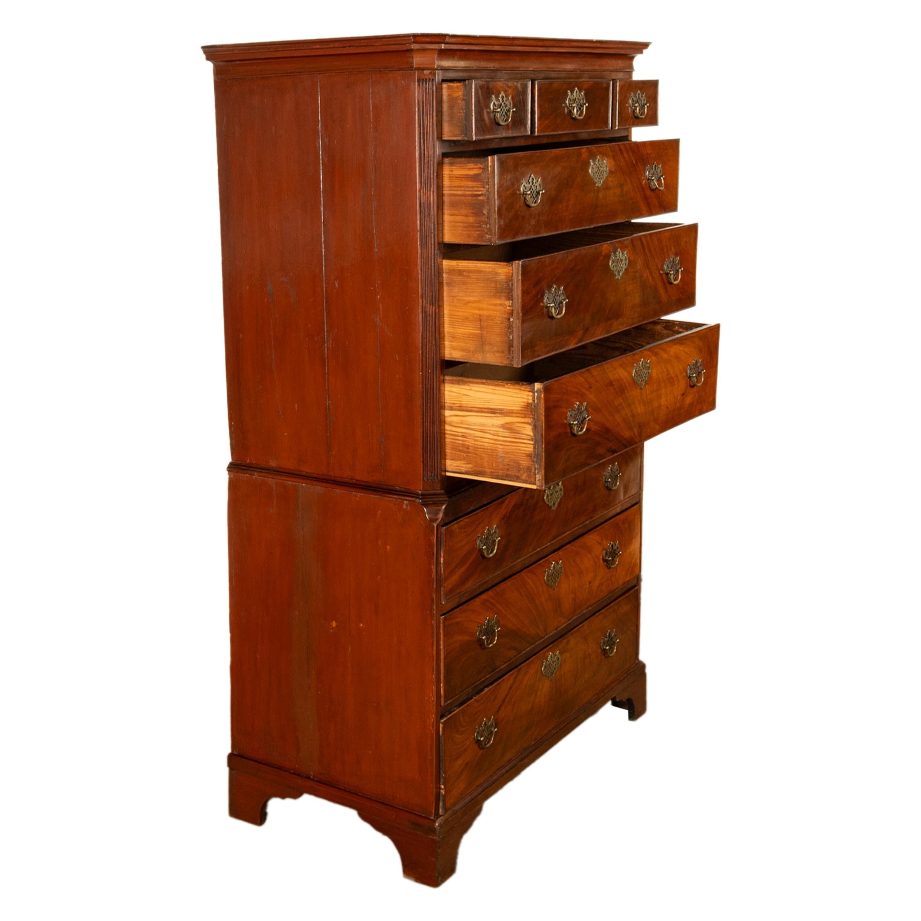 English Antique 18th Century Georgian Flame Mahogany Chest on Chest Highboy Dresser 1780 For Sale