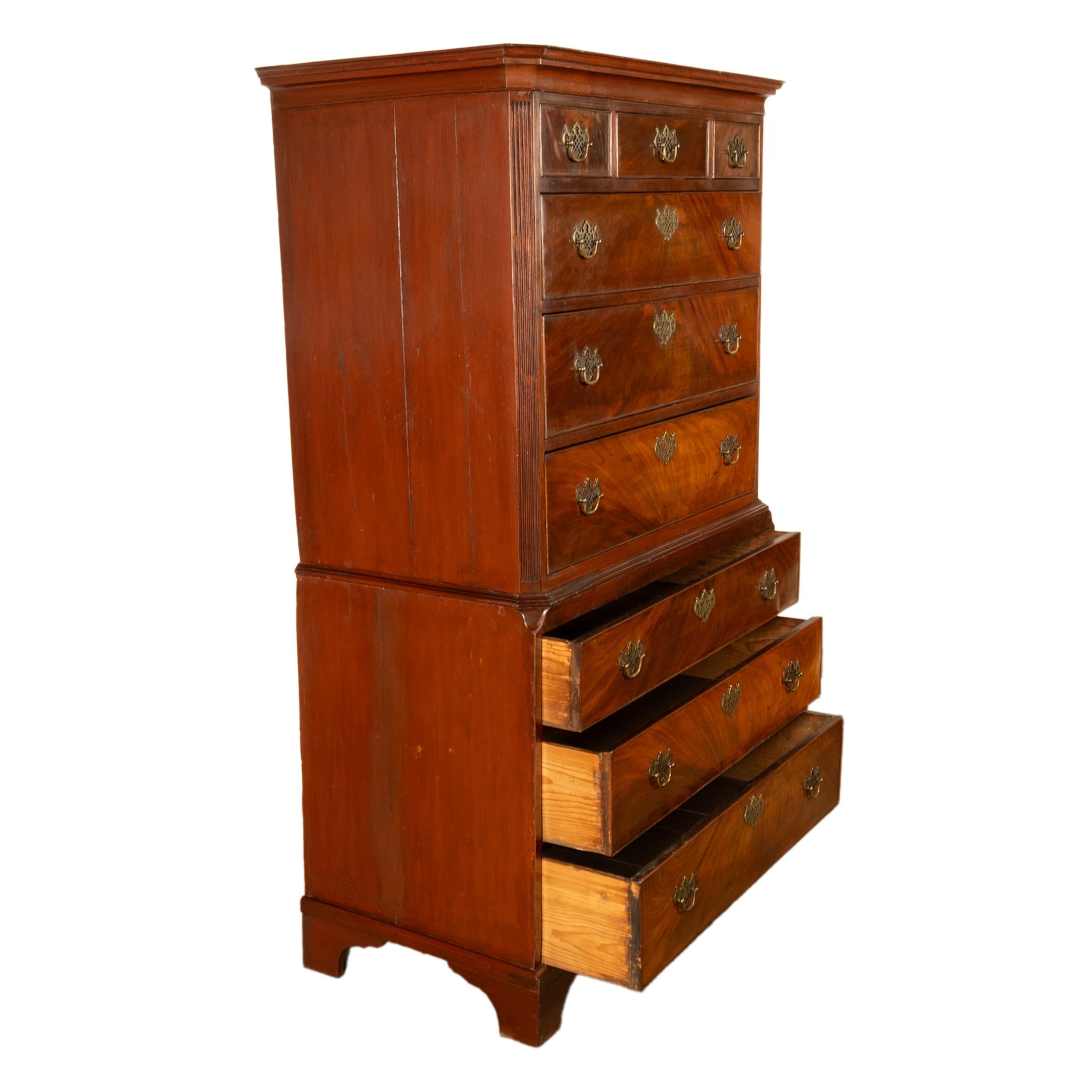 Antique 18th Century Georgian Flame Mahogany Chest on Chest Highboy Dresser 1780 In Good Condition For Sale In Portland, OR