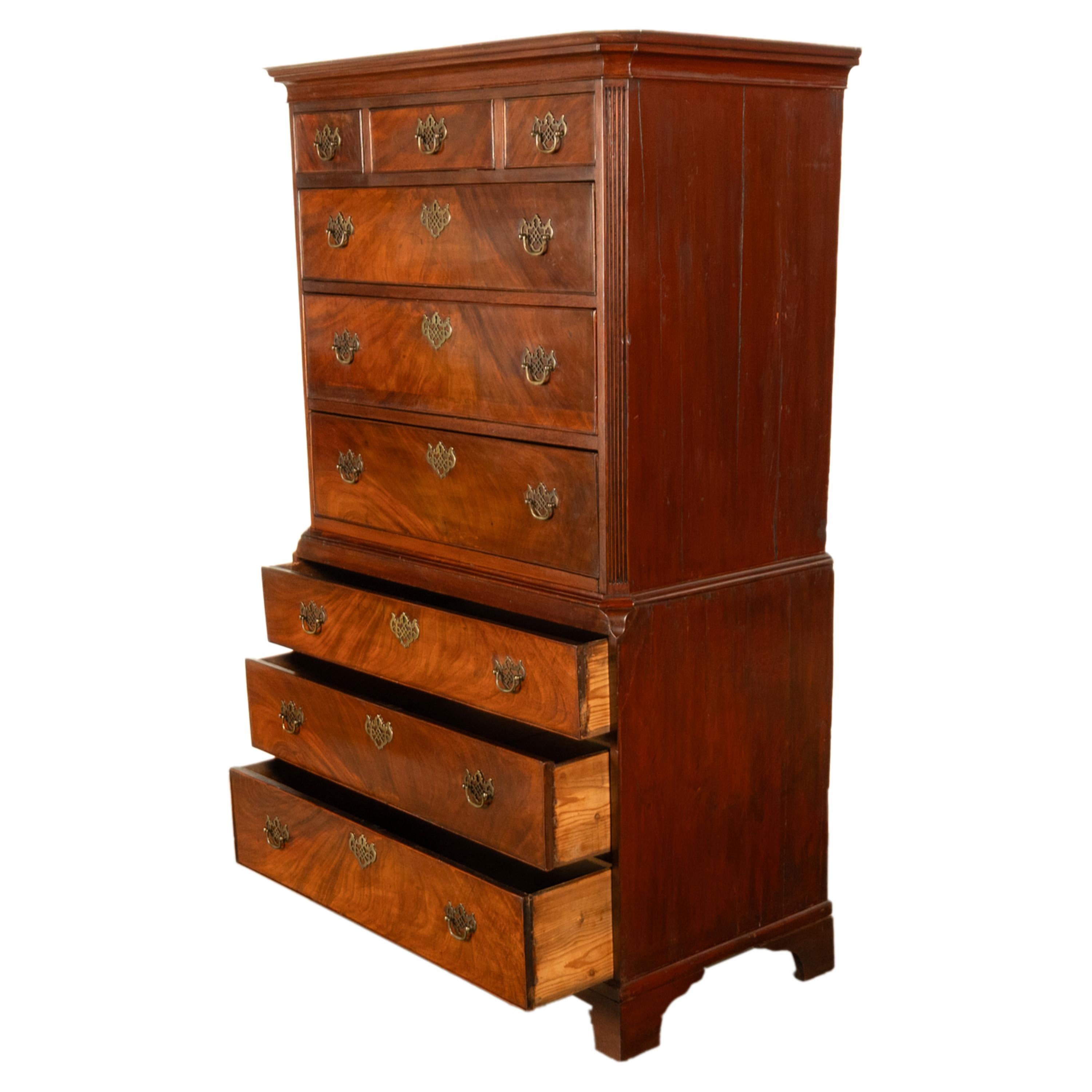 Late 18th Century Antique 18th Century Georgian Flame Mahogany Chest on Chest Highboy Dresser 1780 For Sale