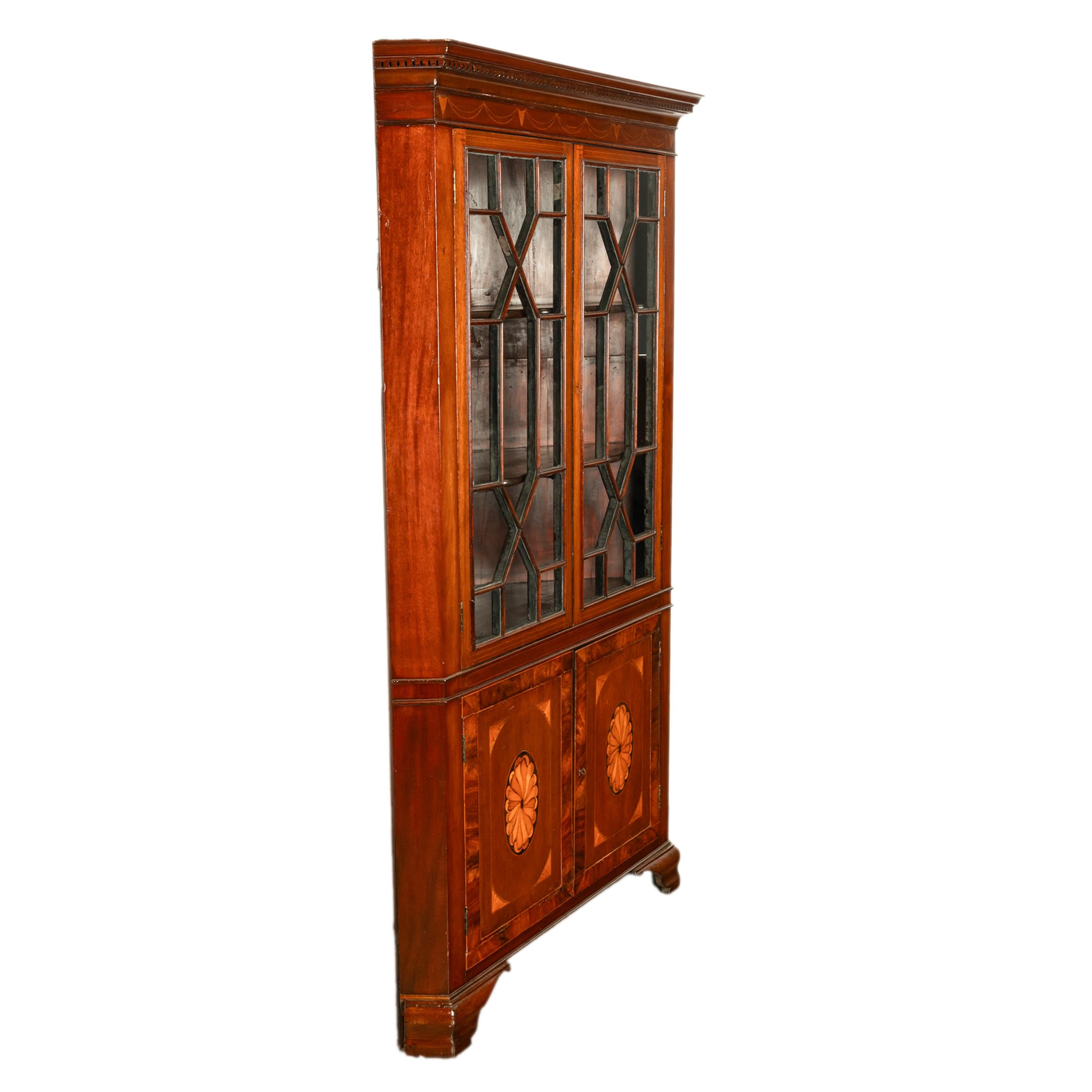 Ebony Antique 18th Century Georgian Inlaid Mahogany Freestanding Corner Cabinet 1790 For Sale