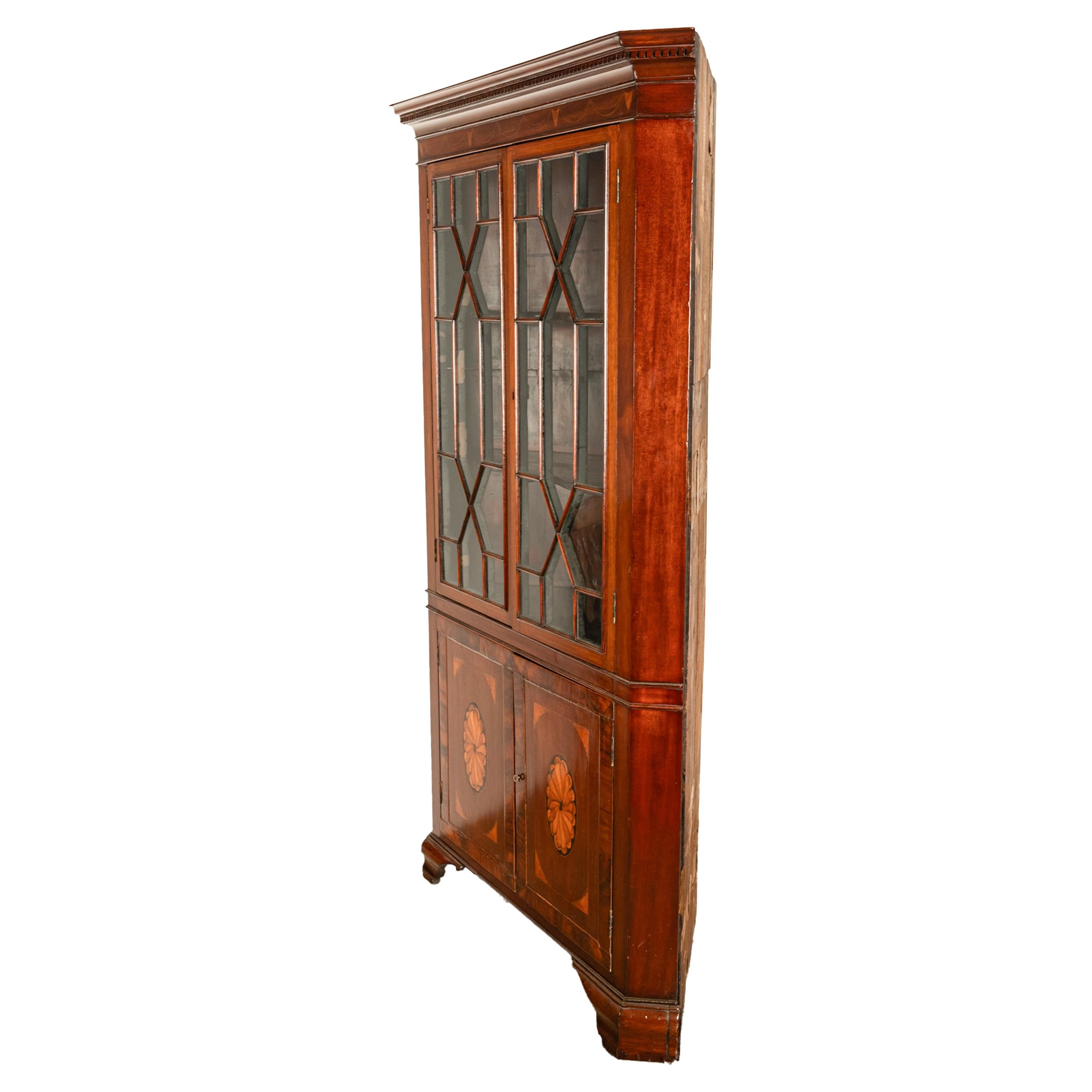 Antique 18th Century Georgian Inlaid Mahogany Freestanding Corner Cabinet 1790 For Sale 1
