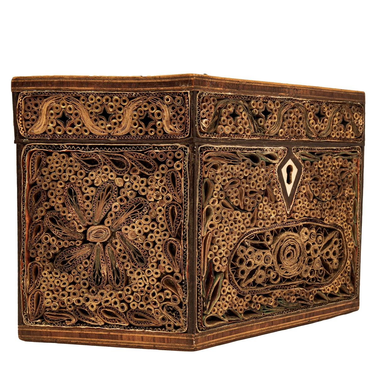 English Antique 18th Century Georgian Mahoghany Paper Scroll Work Tea Caddy Box 1780 For Sale
