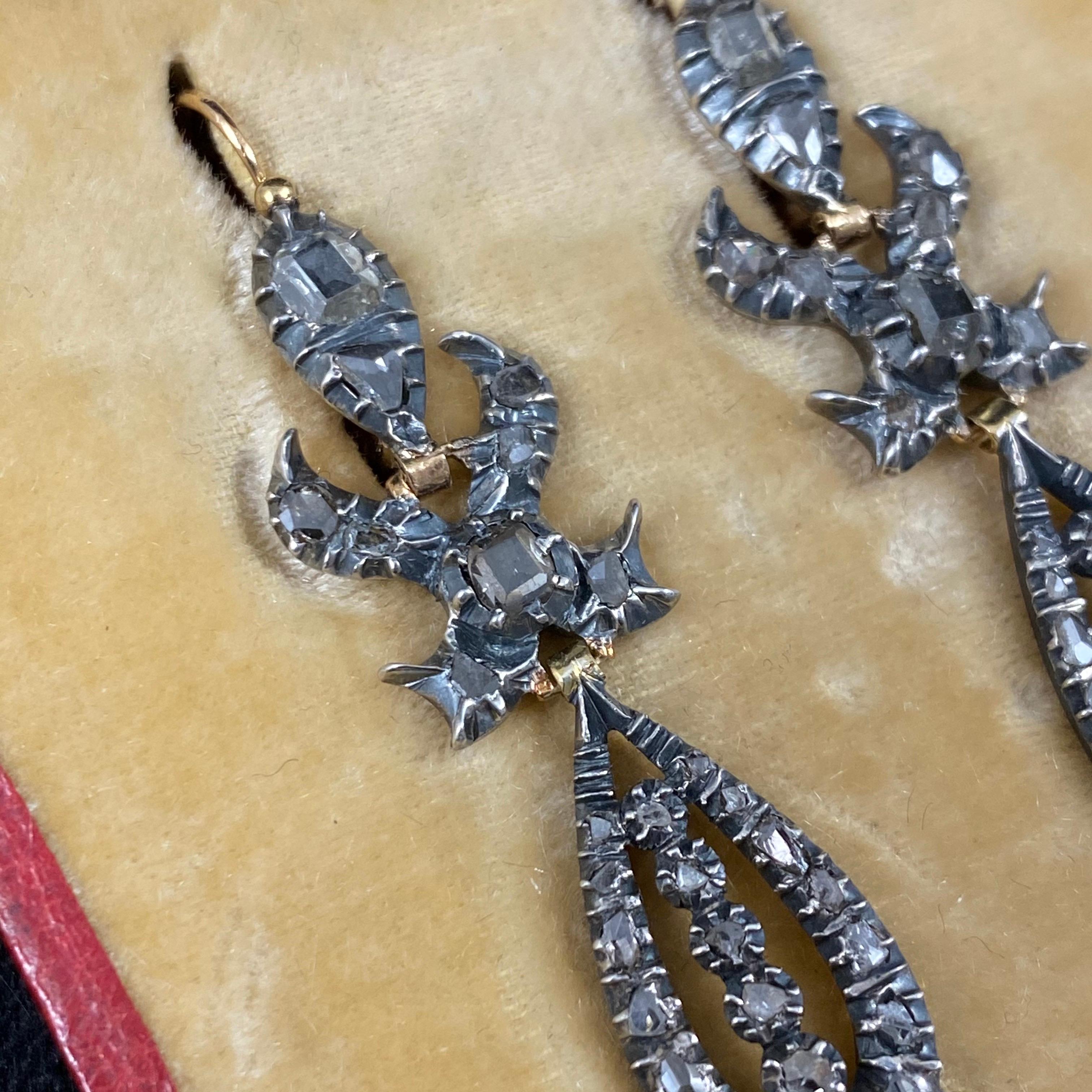 Antique 19th Century Georgian Table Cut Diamond Pendant Earrings Silver Gold In Good Condition In Lisbon, PT