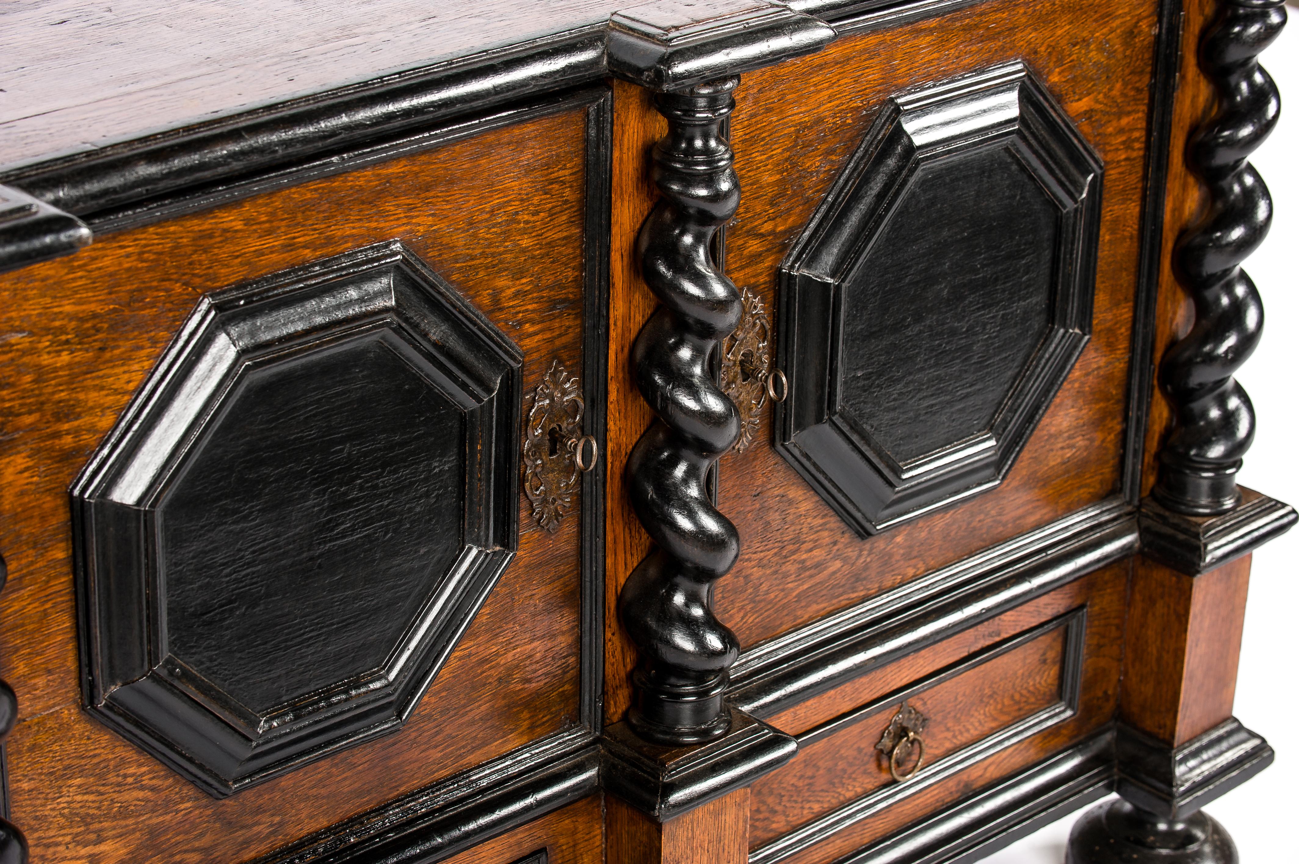 Antique 18th Century German Baroque Oak Cabinet with Black Panels For Sale 9