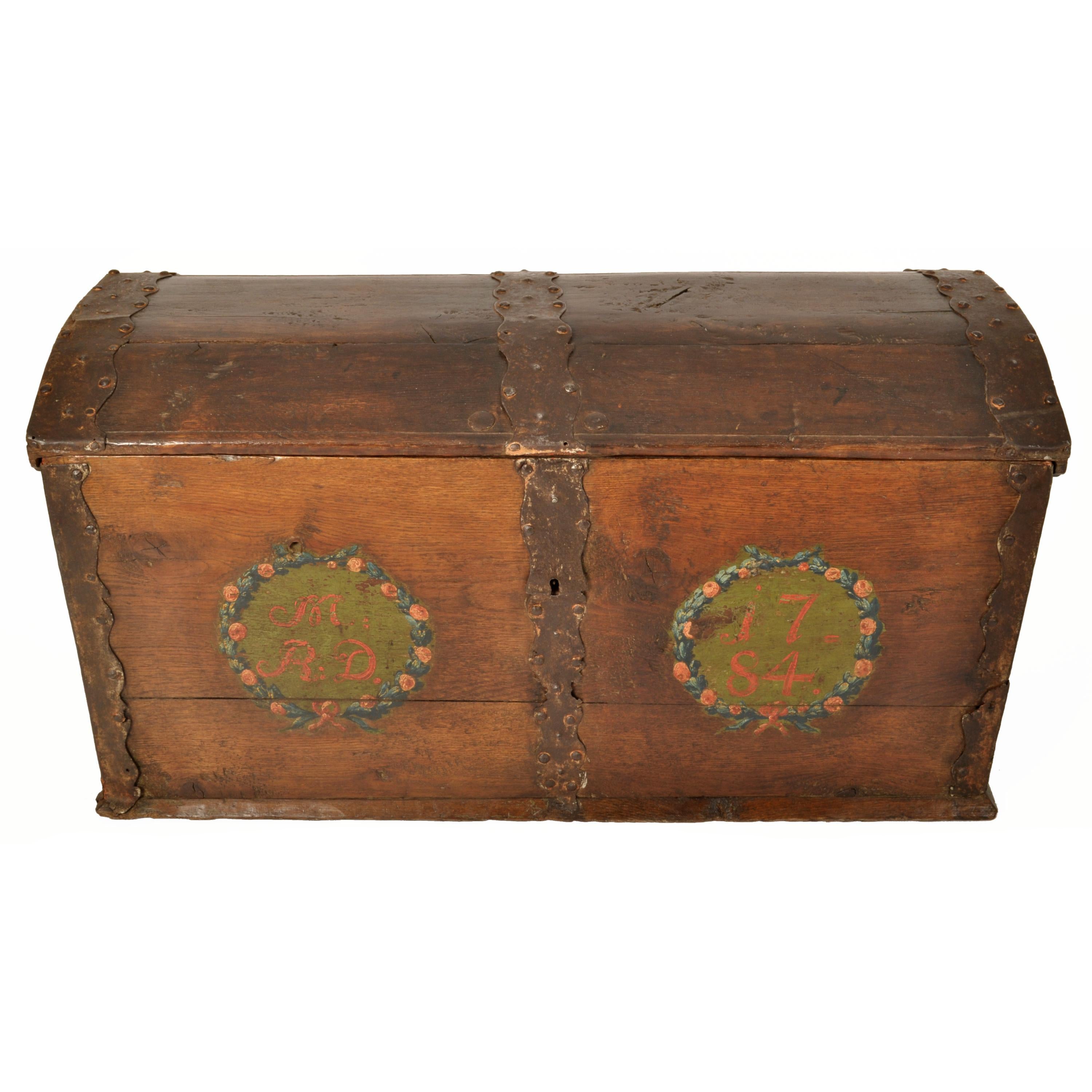 Late 18th Century Antique 18th Century German Baroque Painted Walnut Iron Coffer Chest Trunk 1784 For Sale