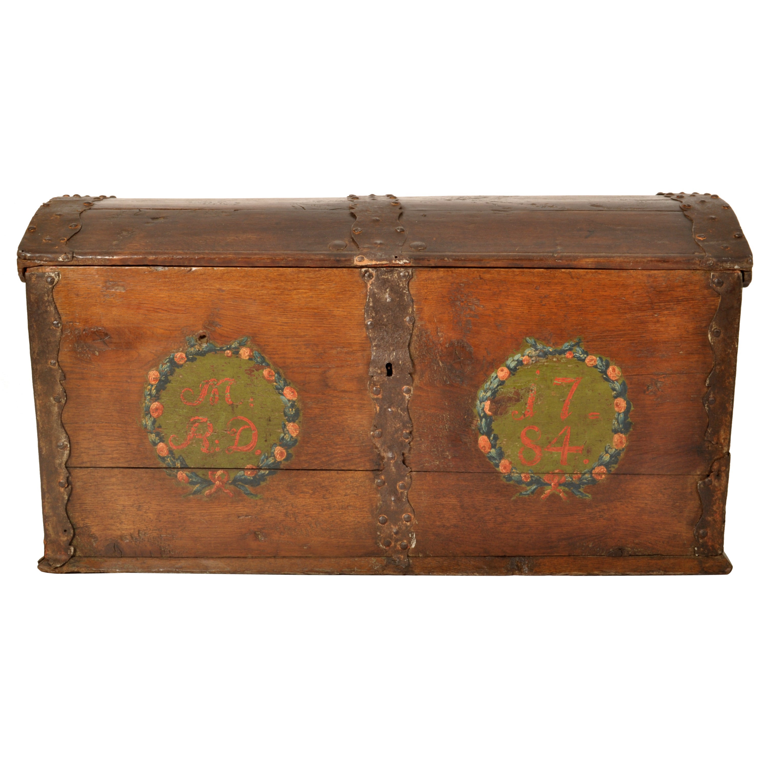 Antico baule barocco tedesco del XVIII secolo, dipinto in noce e ferro, baule a cassapanca 1784 in vendita