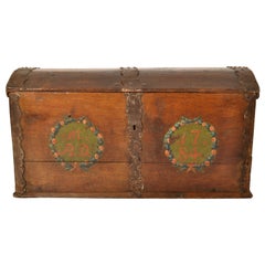 Antique 18th Century German Baroque Painted Walnut Iron Coffer Chest Trunk 1784