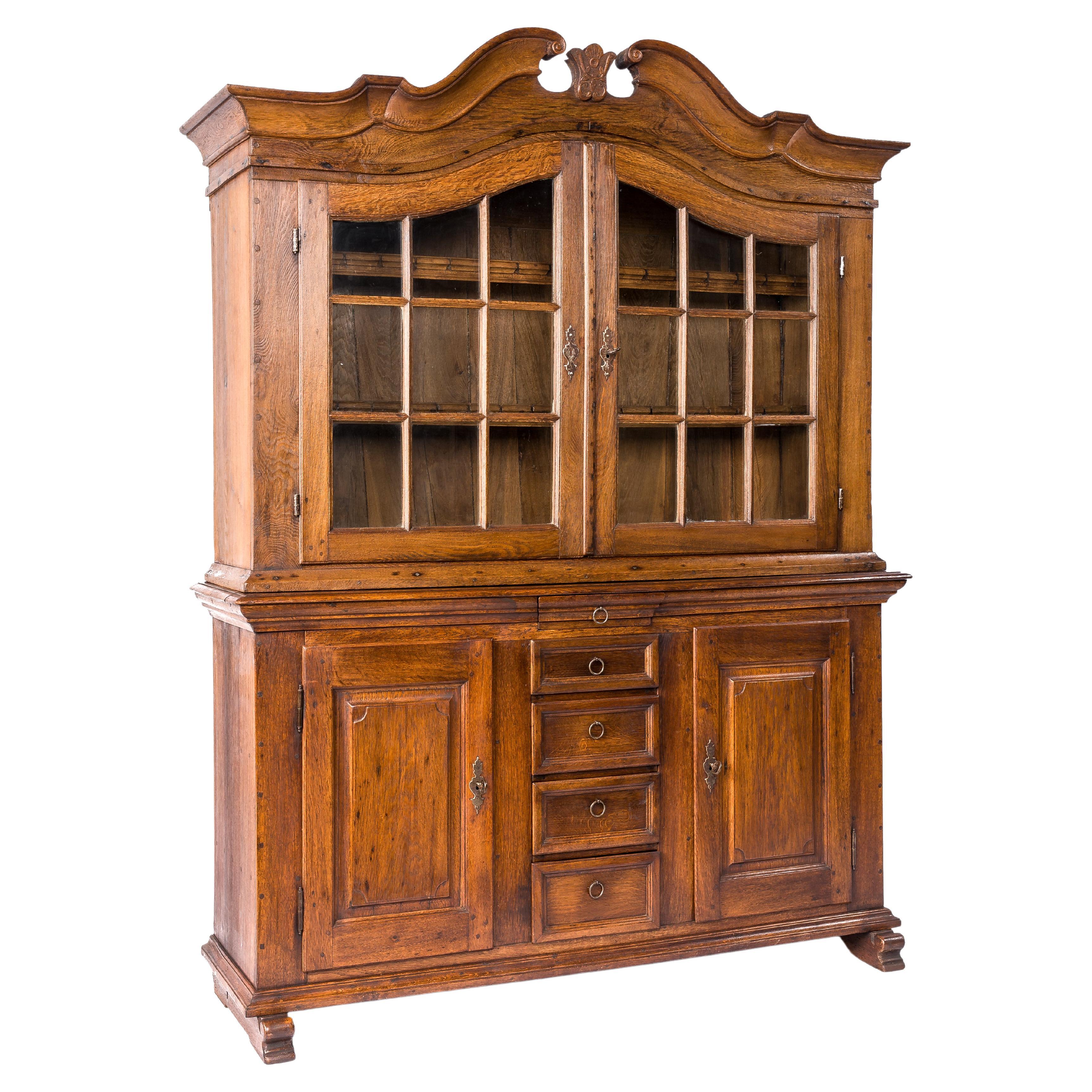 Antique 18th Century German Baroque Warm Brown Solid Oak Display Cabinet For Sale