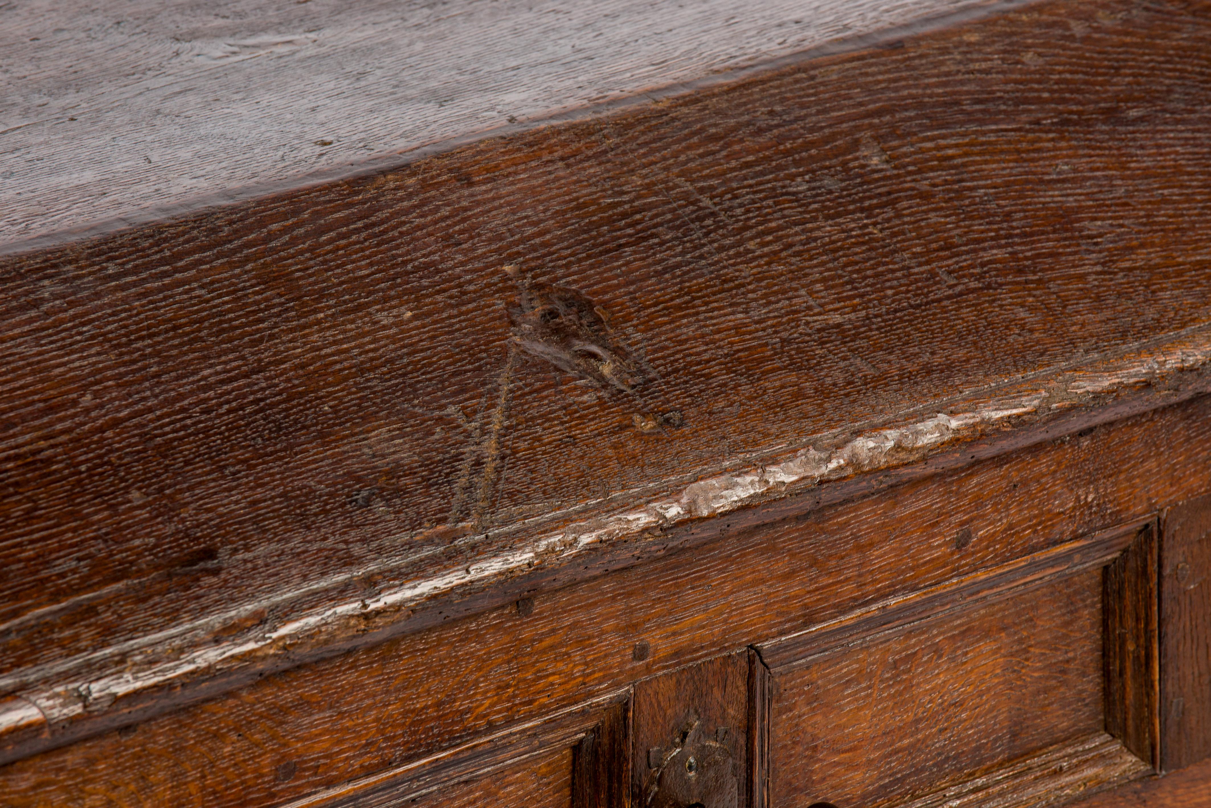 Antique 18th-Century German Paneled Solid Watered Oak Dowry Trunk of Chest 3