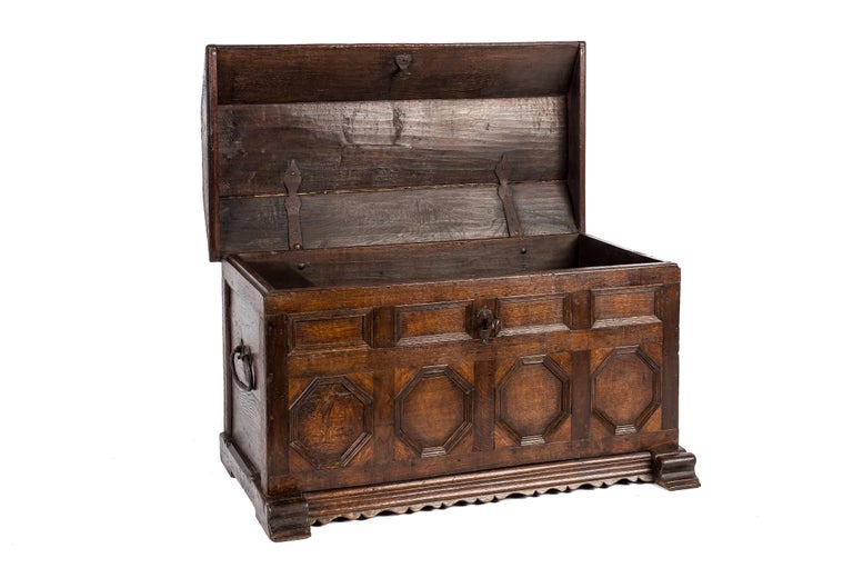 Renaissance Antique 18th-Century German Paneled Solid Watered Oak Dowry Trunk of Chest