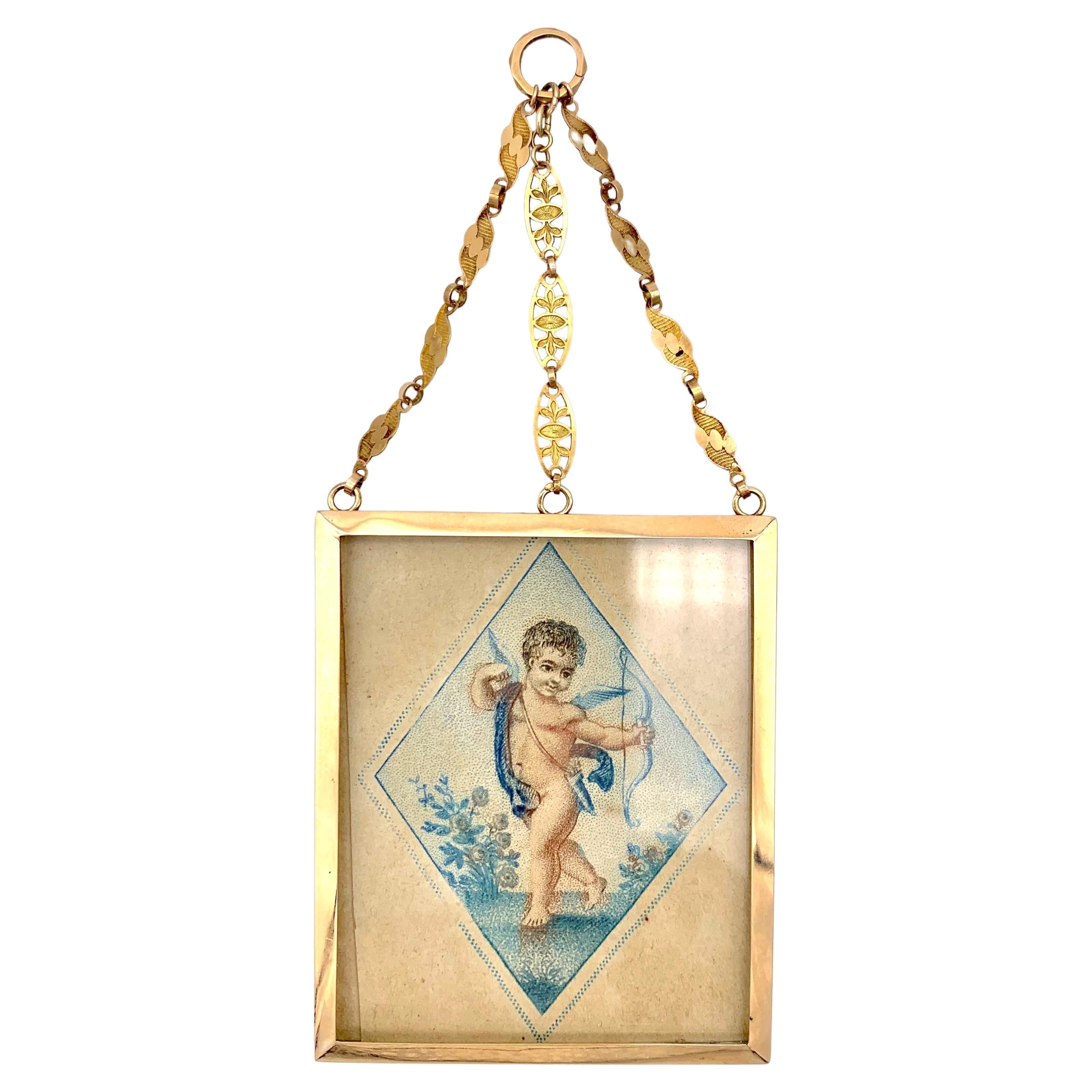 Antique 18th Century Gold Double Sided Pendant Miniatures Of Eros Amor  For Sale