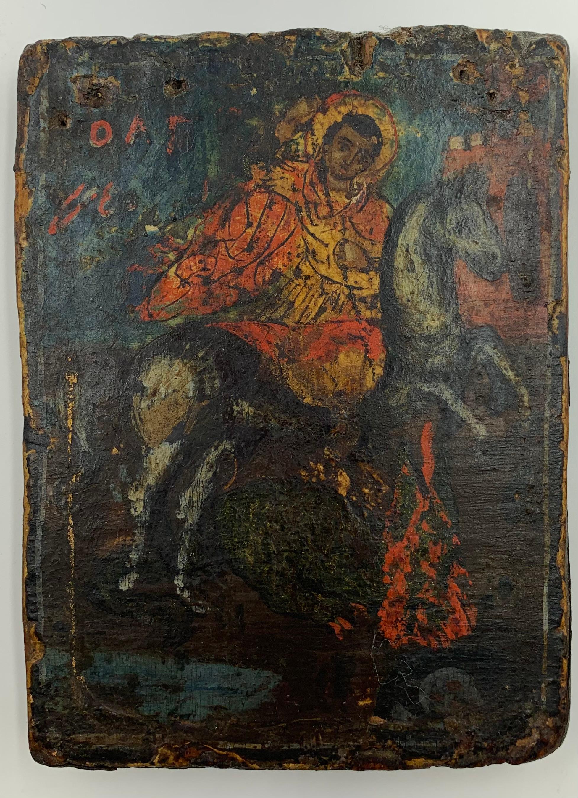 Antique 18th Century Greek Othodox Saint George and the Dragon Travel Icon 4
