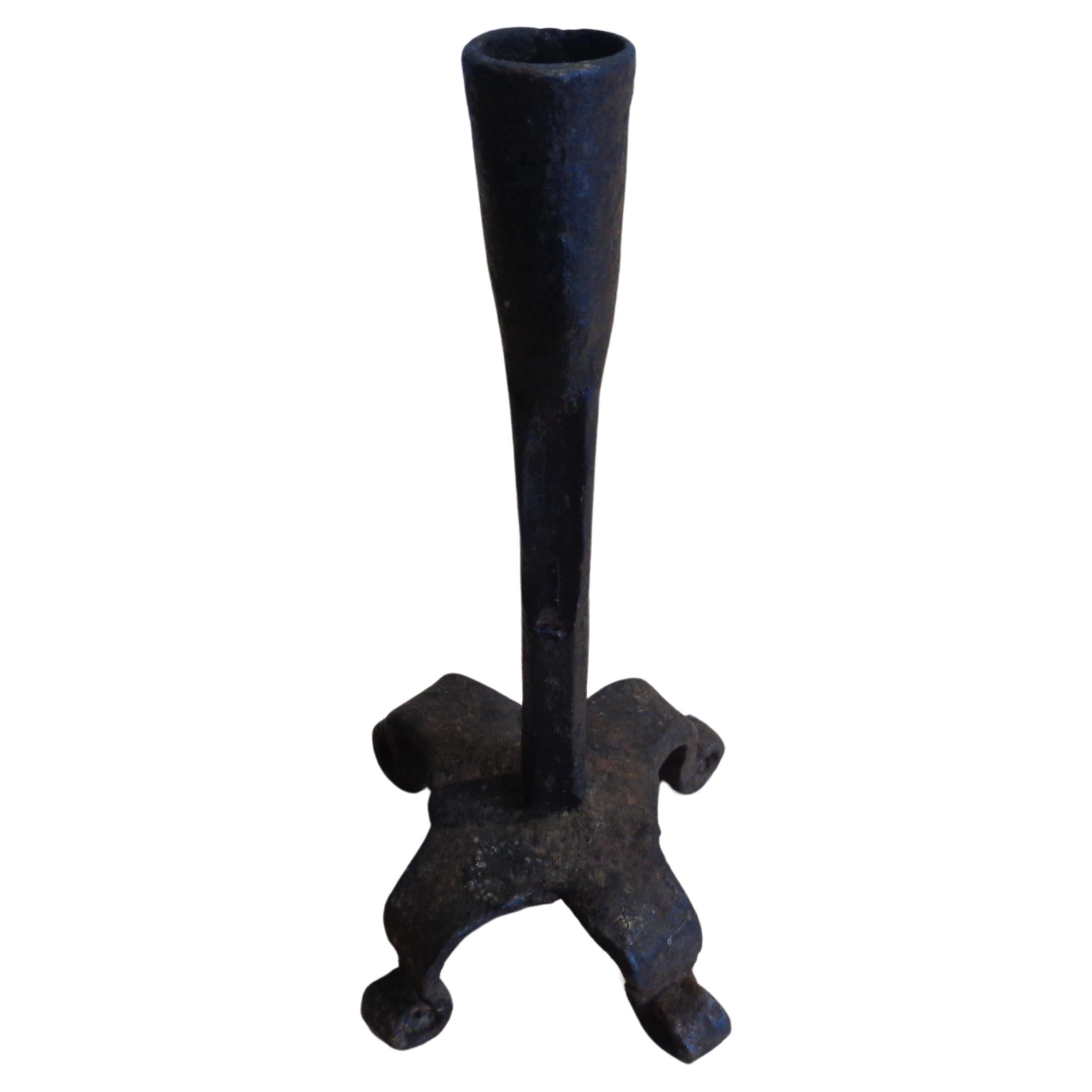 Primitive   18th Century Hand Forged Iron Candlestick For Sale