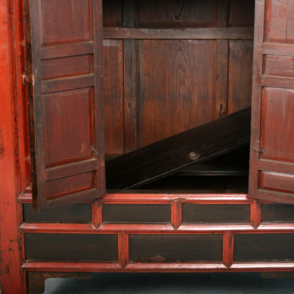 Antique 18th Century Heavily Paneled Chinese Red Lacquered Cabinet In Good Condition In Round Top, TX