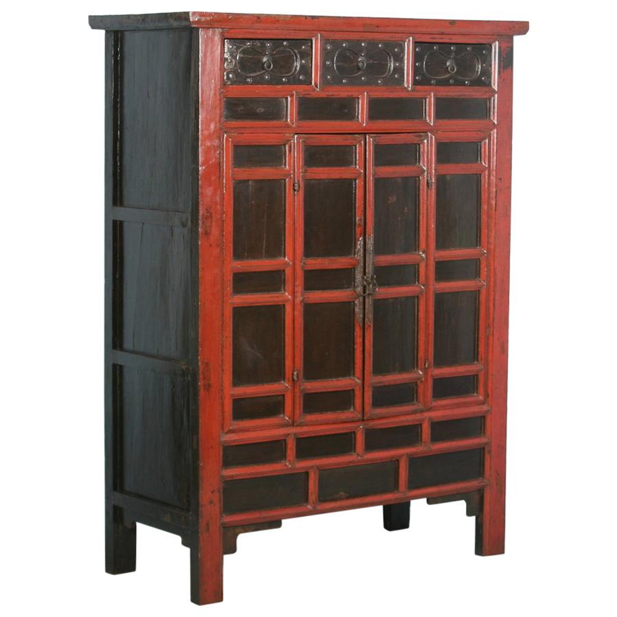 Antique 18th Century Heavily Paneled Chinese Red Lacquered Cabinet