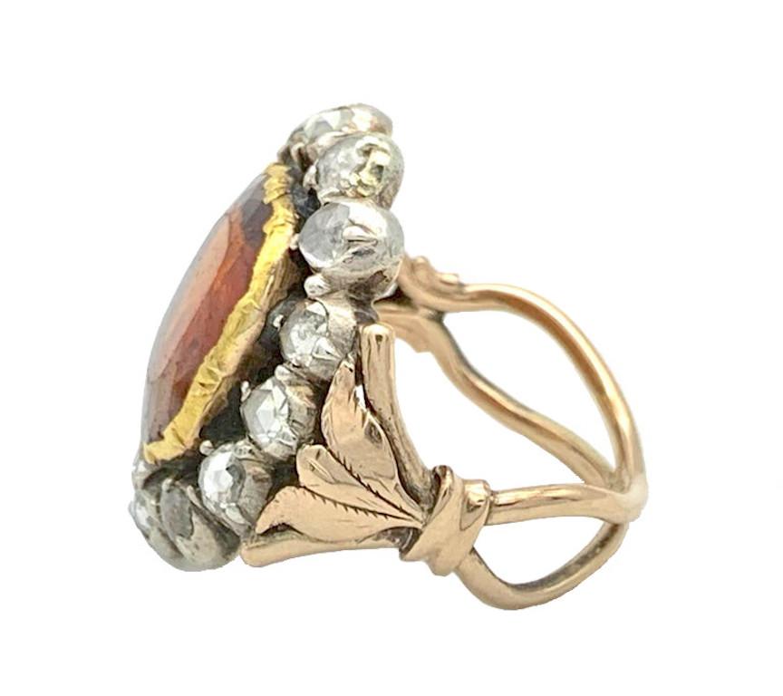 George II Antique 18th Century Hessonite Garnet Diamond Silver Gold Ring