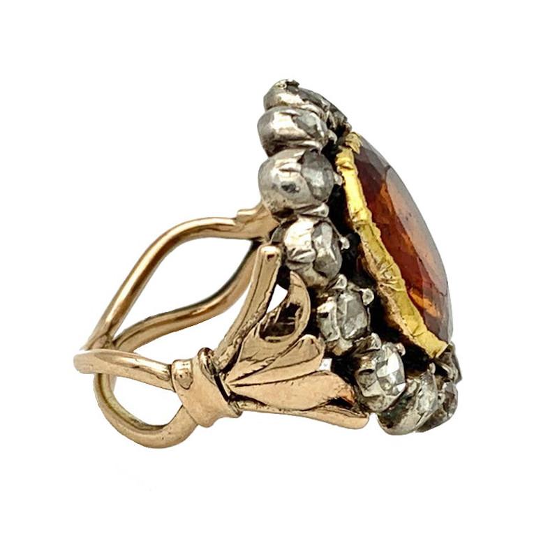 Mixed Cut Antique 18th Century Hessonite Garnet Diamond Silver Gold Ring