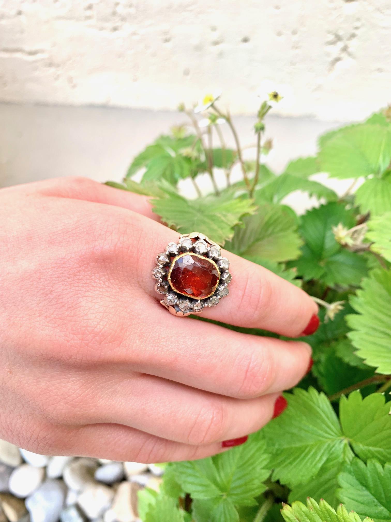 Women's Antique 18th Century Hessonite Garnet Diamond Silver Gold Ring