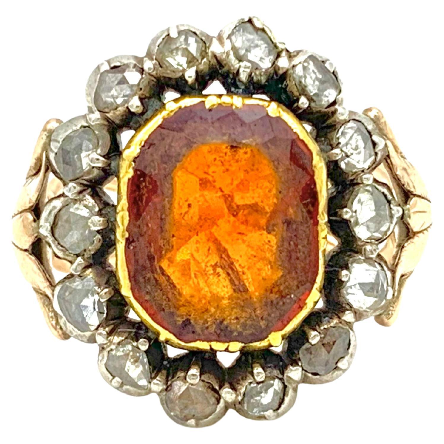 Antique 18th Century Hessonite Garnet Diamond Silver Gold Ring