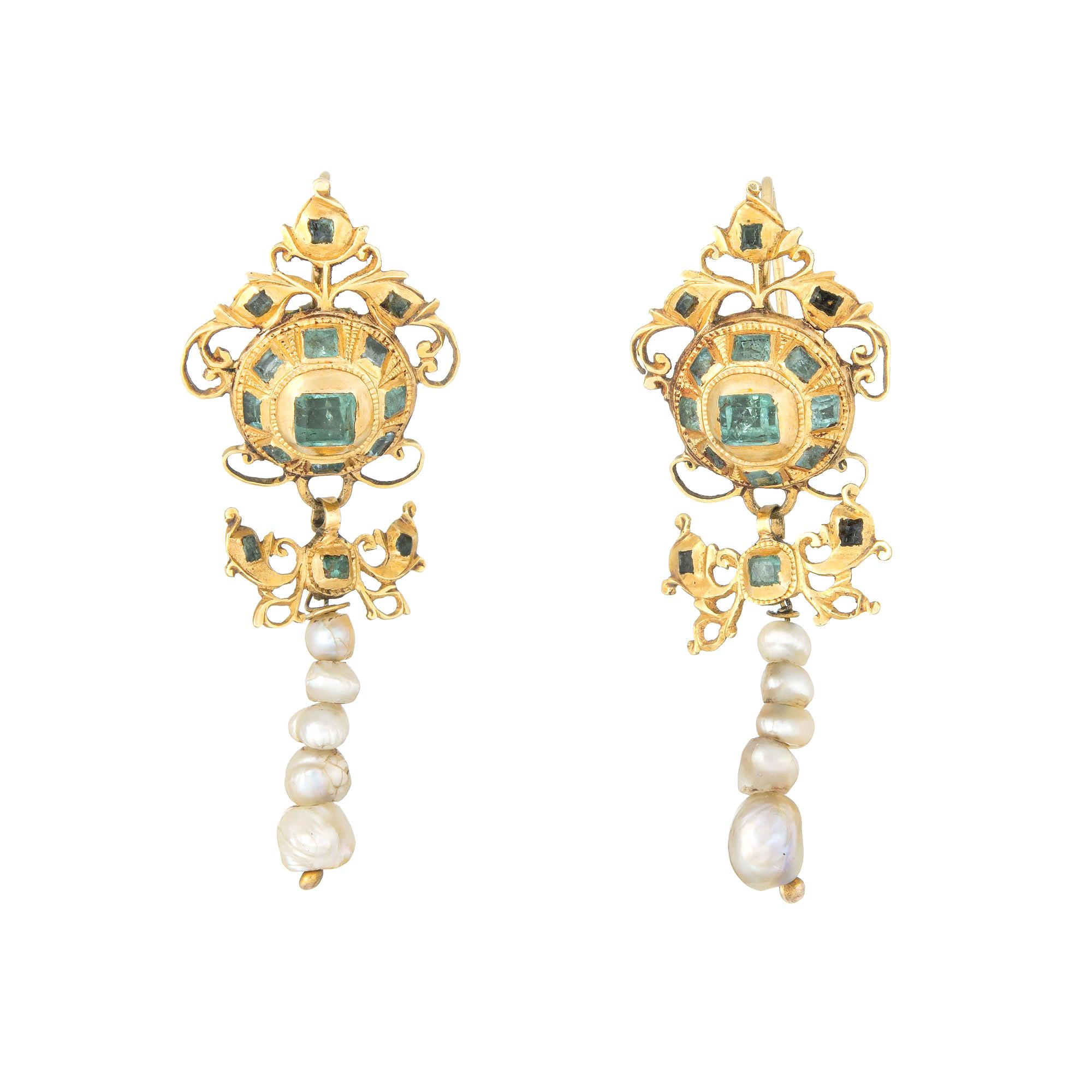 Antique Georgian 18th Century Iberian Earrings Emerald Pearl 22k Gold Spanish 