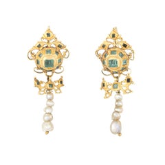 Antique Georgian 18th Century Iberian Earrings Emerald Pearl 22k Gold Spanish