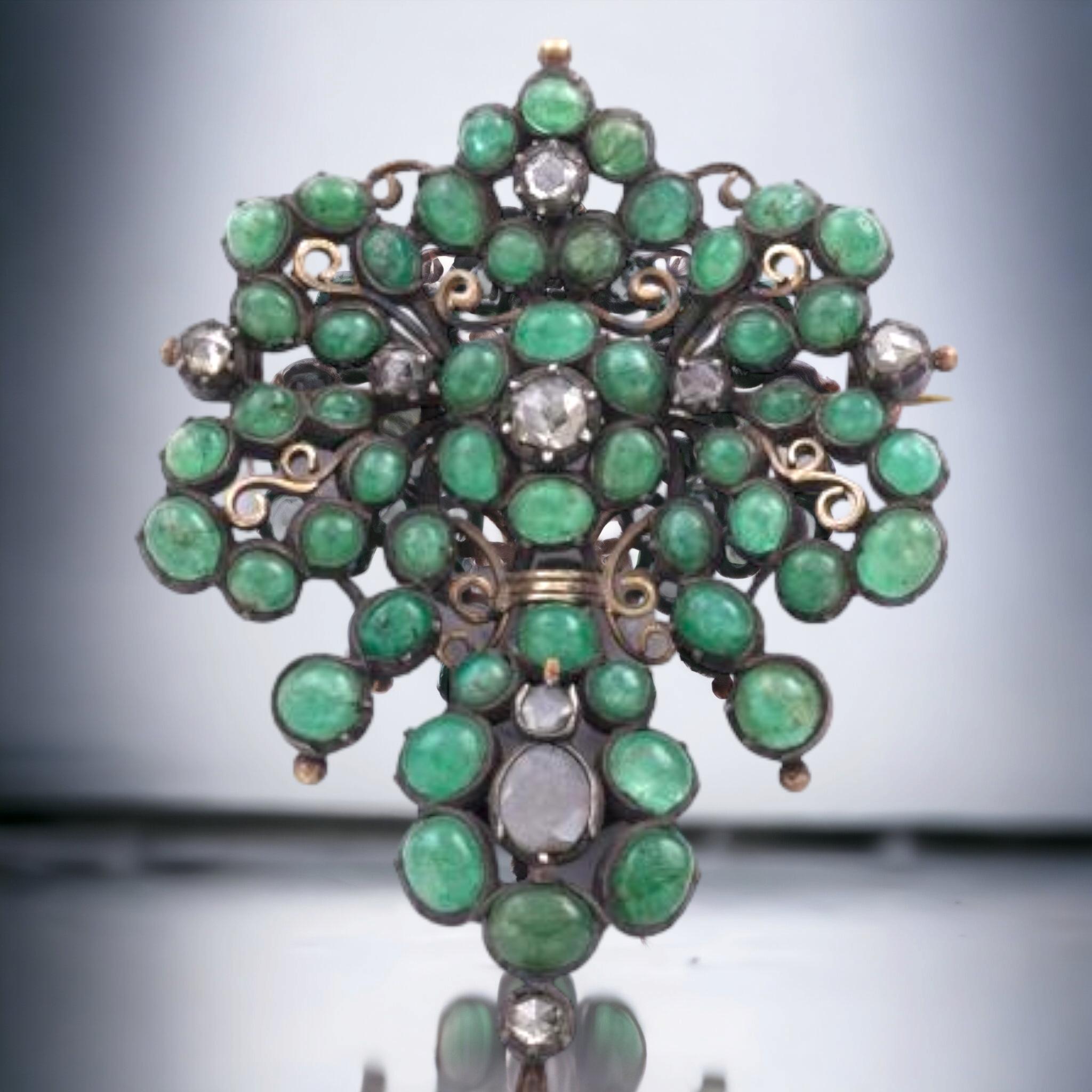 Rose Cut Antique 18th Century Iberian Emerald Cabochon & Rose-Cut Diamond Pendant/Brooch  For Sale