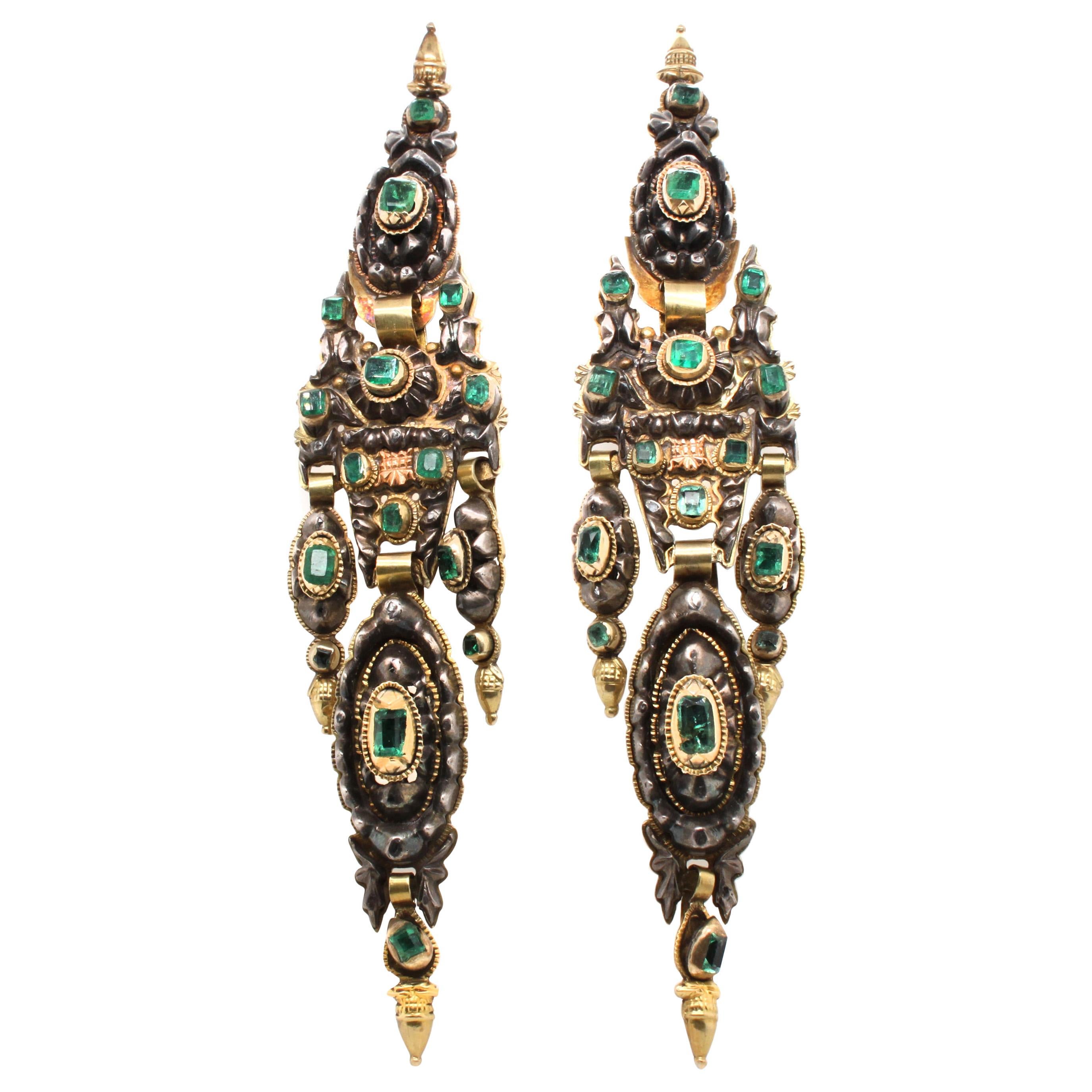 Antique 18th Century Iberian Emerald Chandelier Earrings