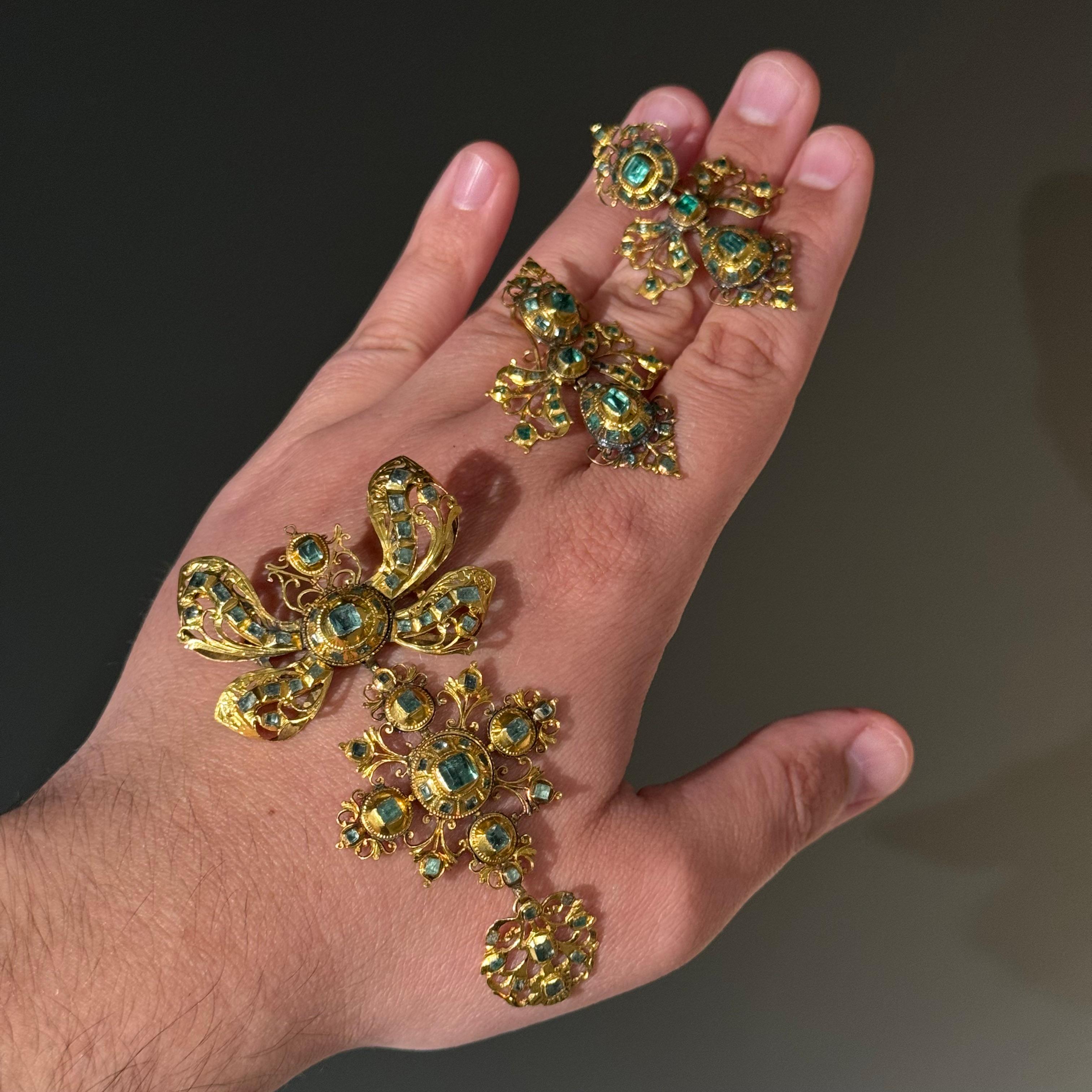 Antiguo Siglo XVIII Esmeralda Ibérica Pendientes Broche/Pendiente Demi Parure Español Georgiano en venta