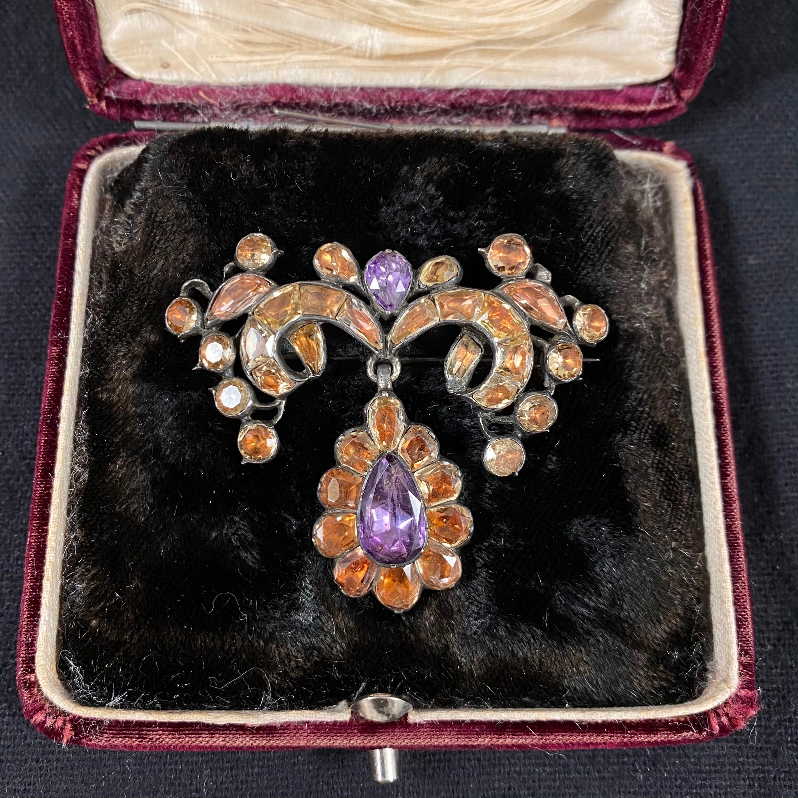 Antique 18th Century Imperial Topaz Amethyst Brooch Silver Portuguese, 1770s In Good Condition In Lisbon, PT