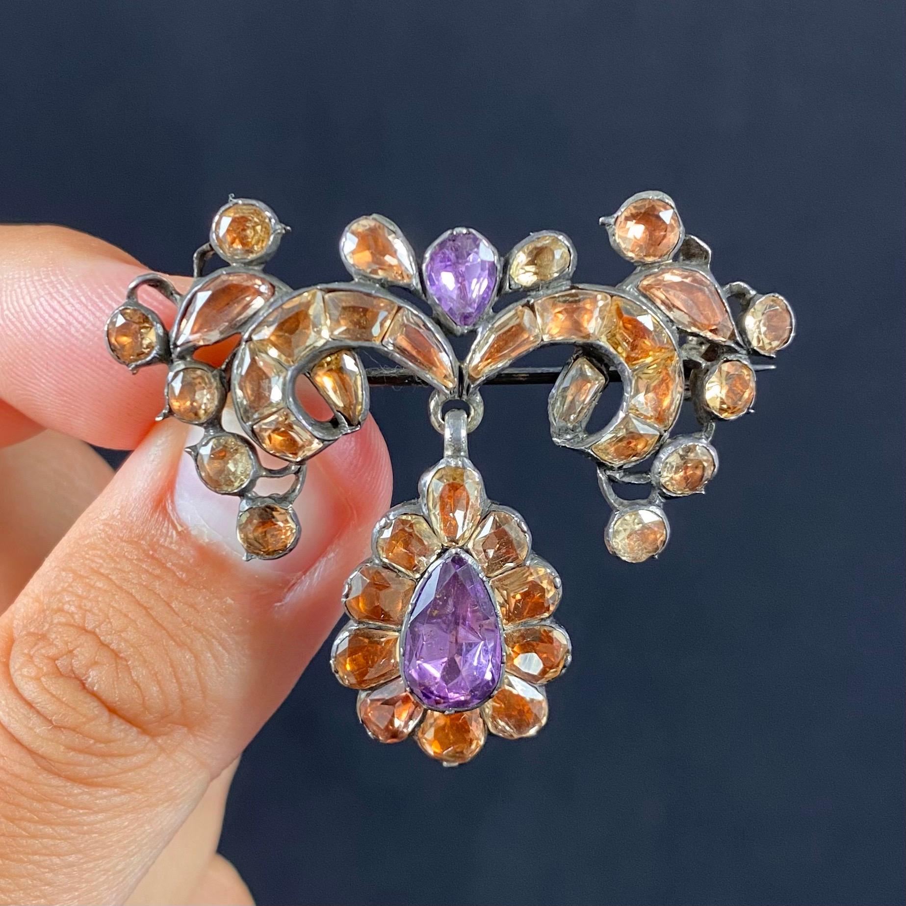 Women's or Men's Antique 18th Century Imperial Topaz Amethyst Brooch Silver Portuguese, 1770s