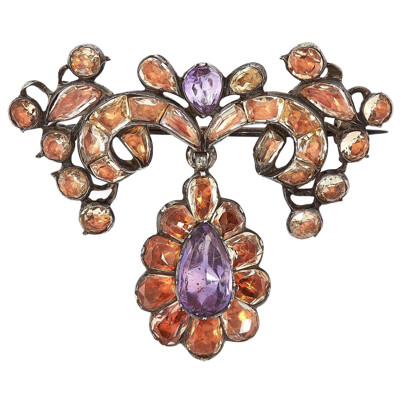 Antique 18th Century Imperial Topaz Amethyst Brooch Silver Portuguese, 1770s