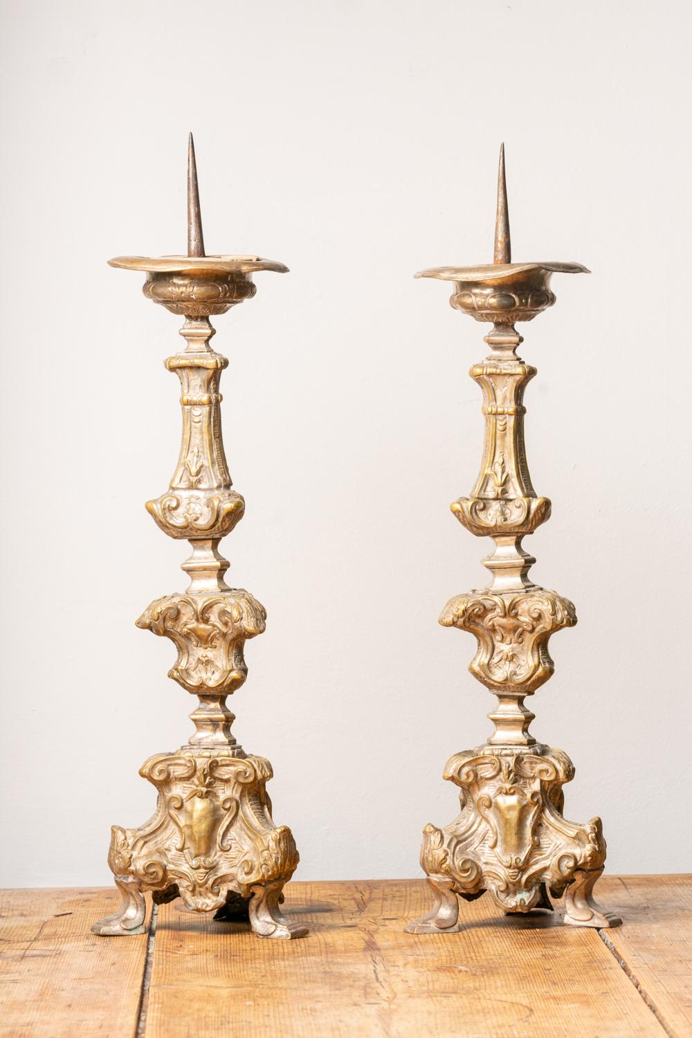 Antique 18th Century Italian Brass Pricket Candlesticks For Sale 9