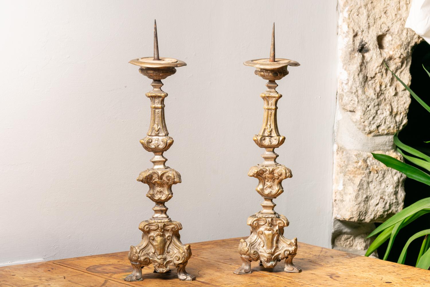 Baroque Antique 18th Century Italian Brass Pricket Candlesticks For Sale