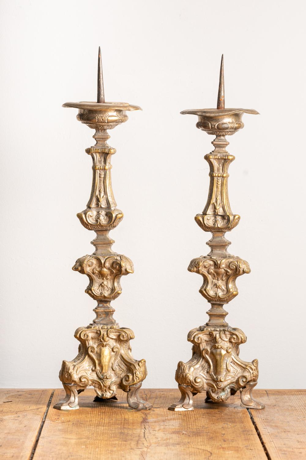 Women's or Men's Antique 18th Century Italian Brass Pricket Candlesticks For Sale