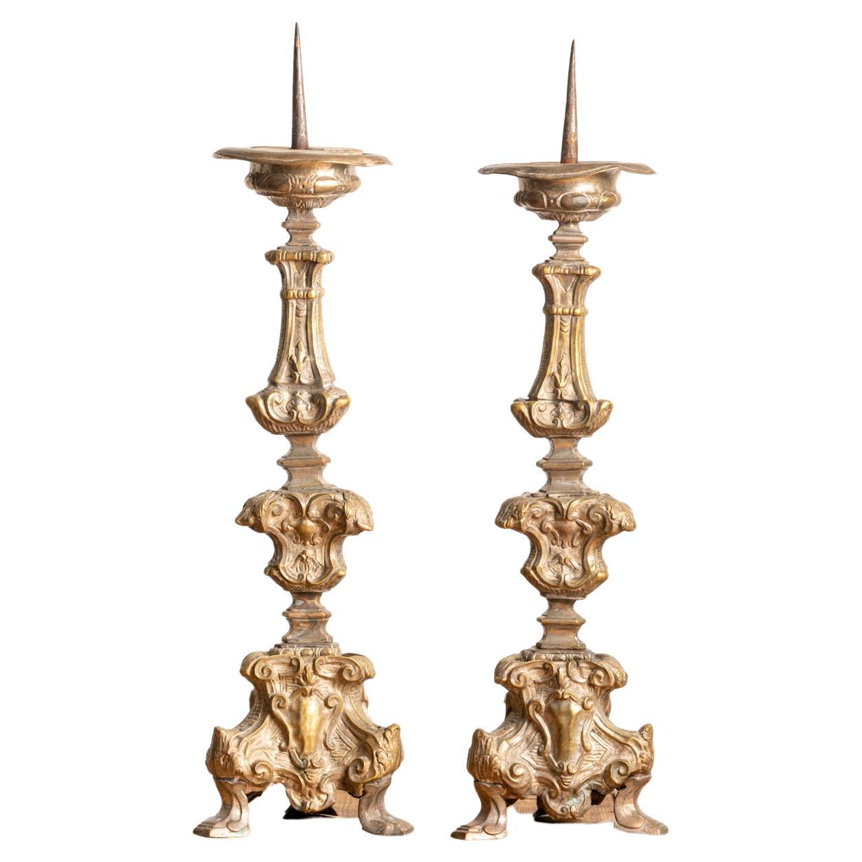 Antique 18th Century Italian Brass Pricket Candlesticks For Sale