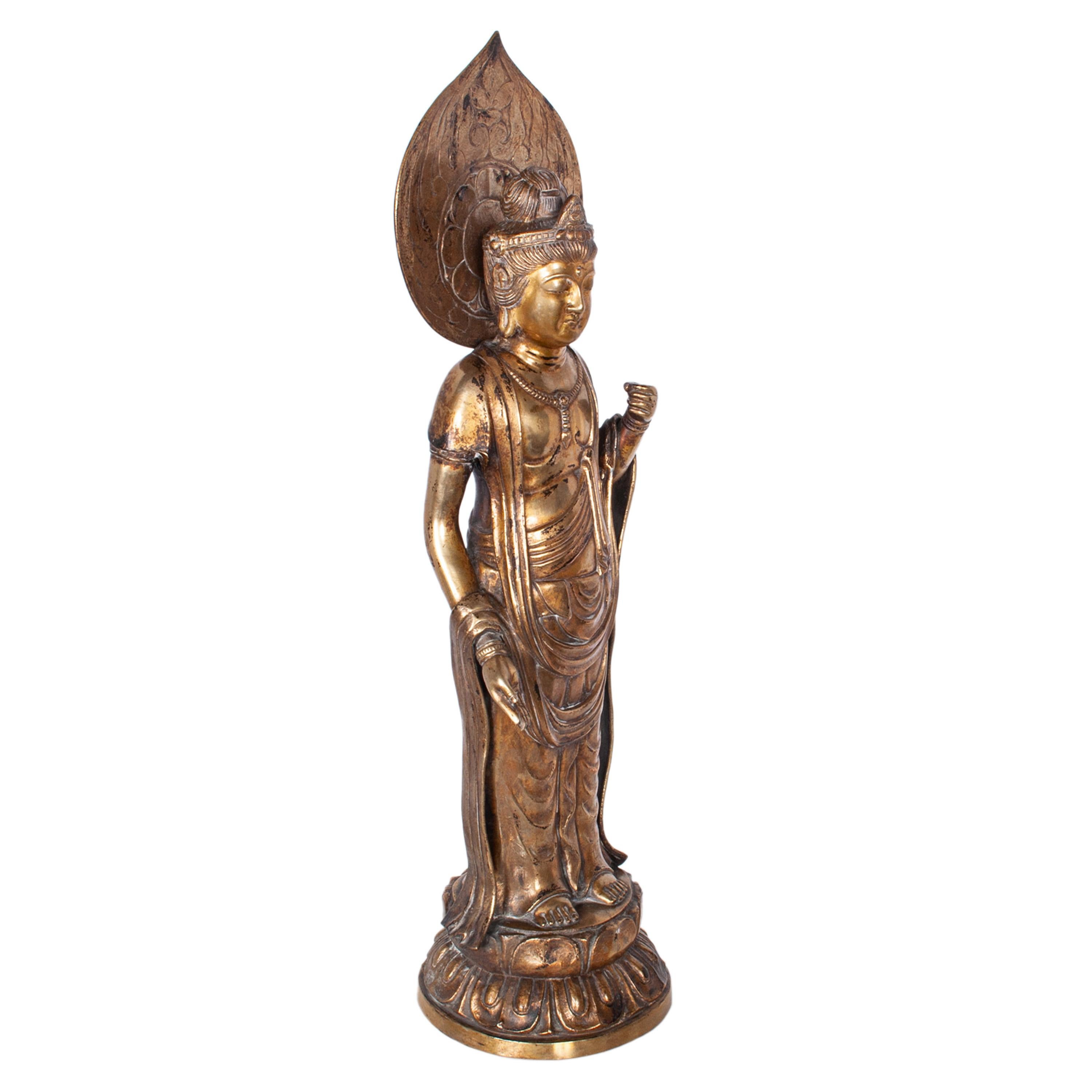 Japonais Statue de Bouddha Kannon en bronze doré du Japon Edo du 18ème siècle 1750 en vente