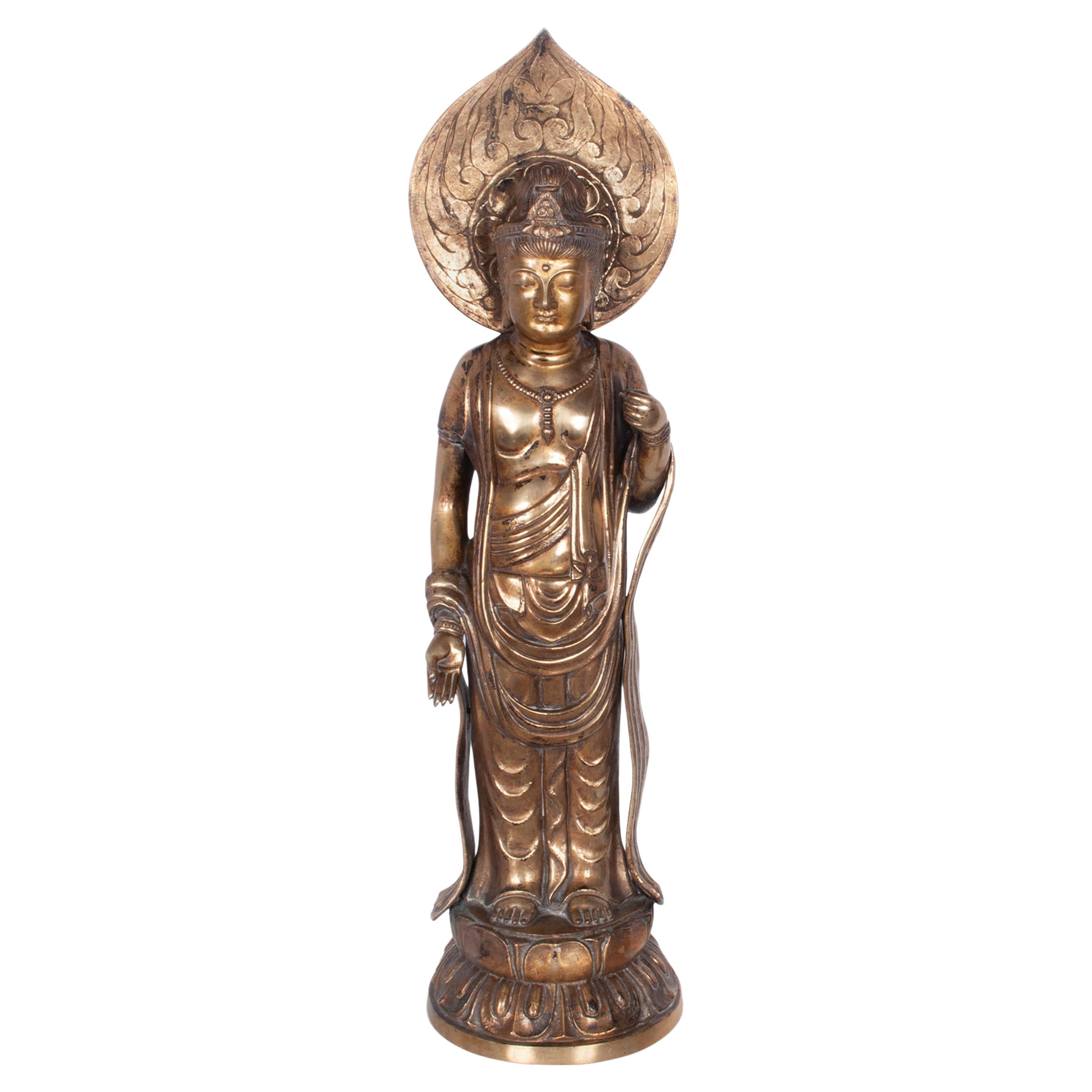 Statue de Bouddha Kannon en bronze doré du Japon Edo du 18ème siècle 1750