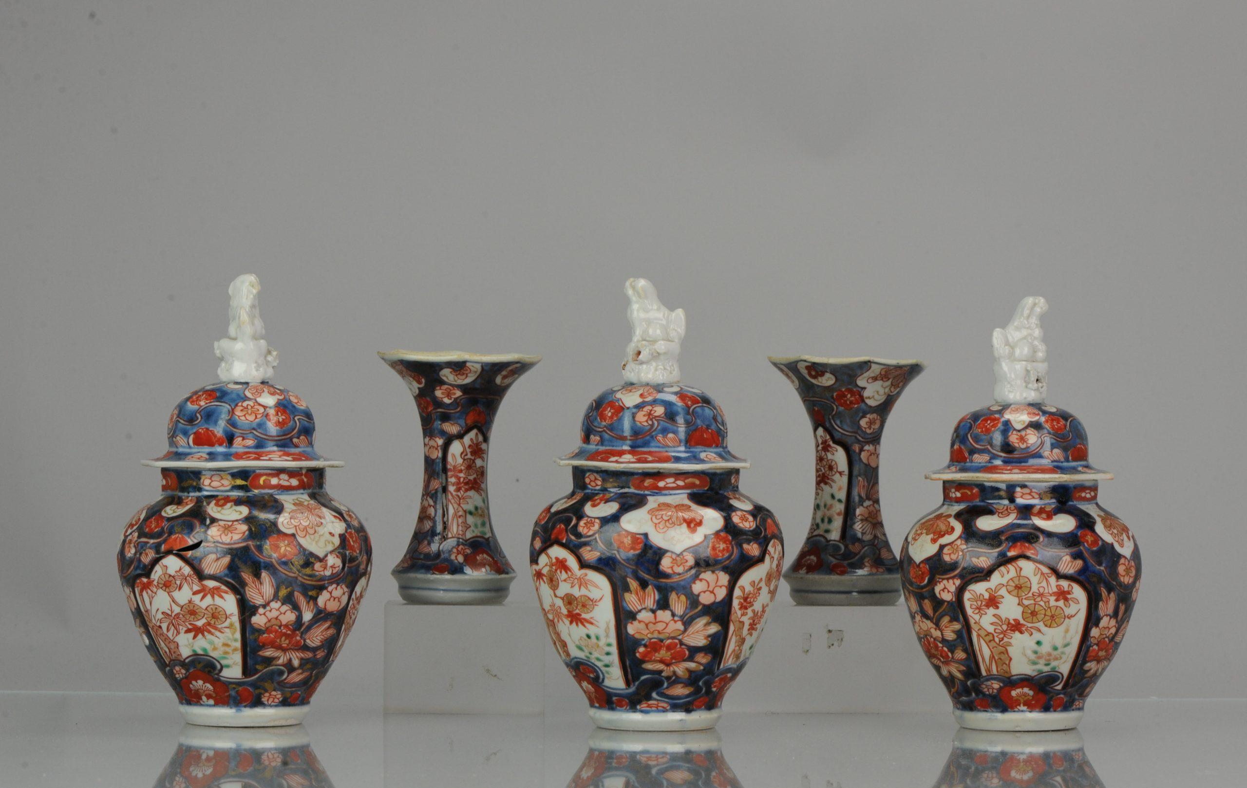 Amazing set for decorating your home. Interesting foo dogs/lions as handles on the lids. The have small holes in them.


Condition:
 Lids; 2 with restored chip and in some chips to lions and 1 to rim. Baluster vases, 2 restored and 1 with firing