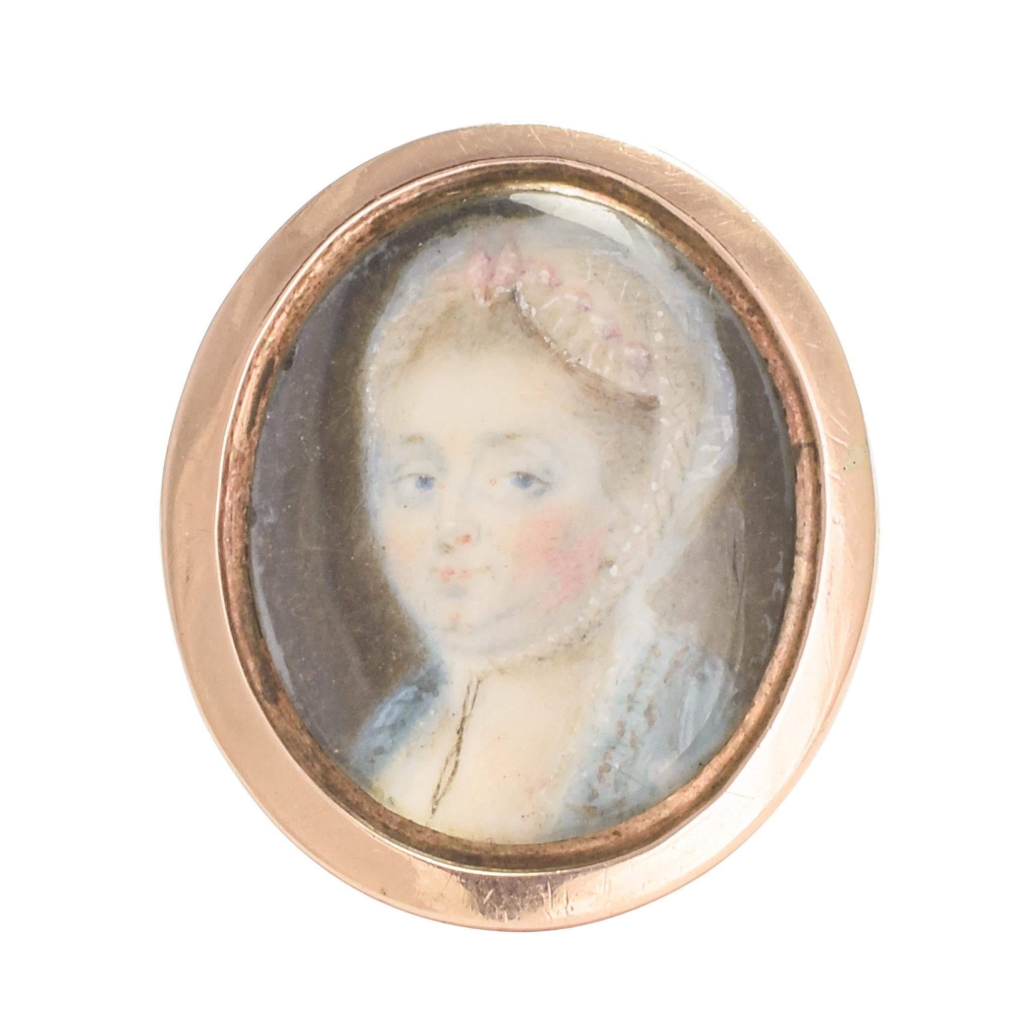 Antique 18th Century "Lady with Bonnet" Portrait Miniature Ring