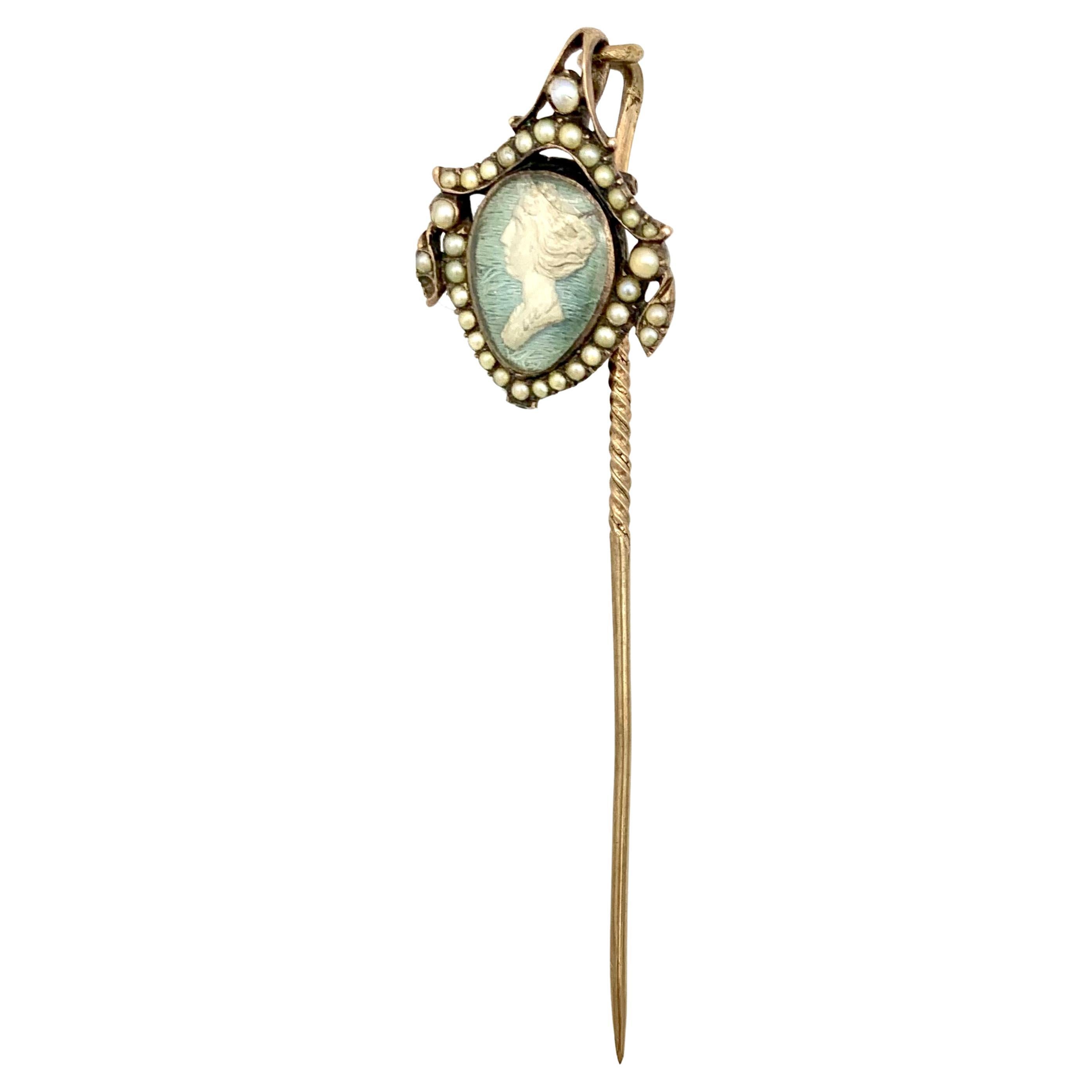 Antique 18th Century Locket Pendant Silver Metal Oriental Seedpearls Stickpin   For Sale