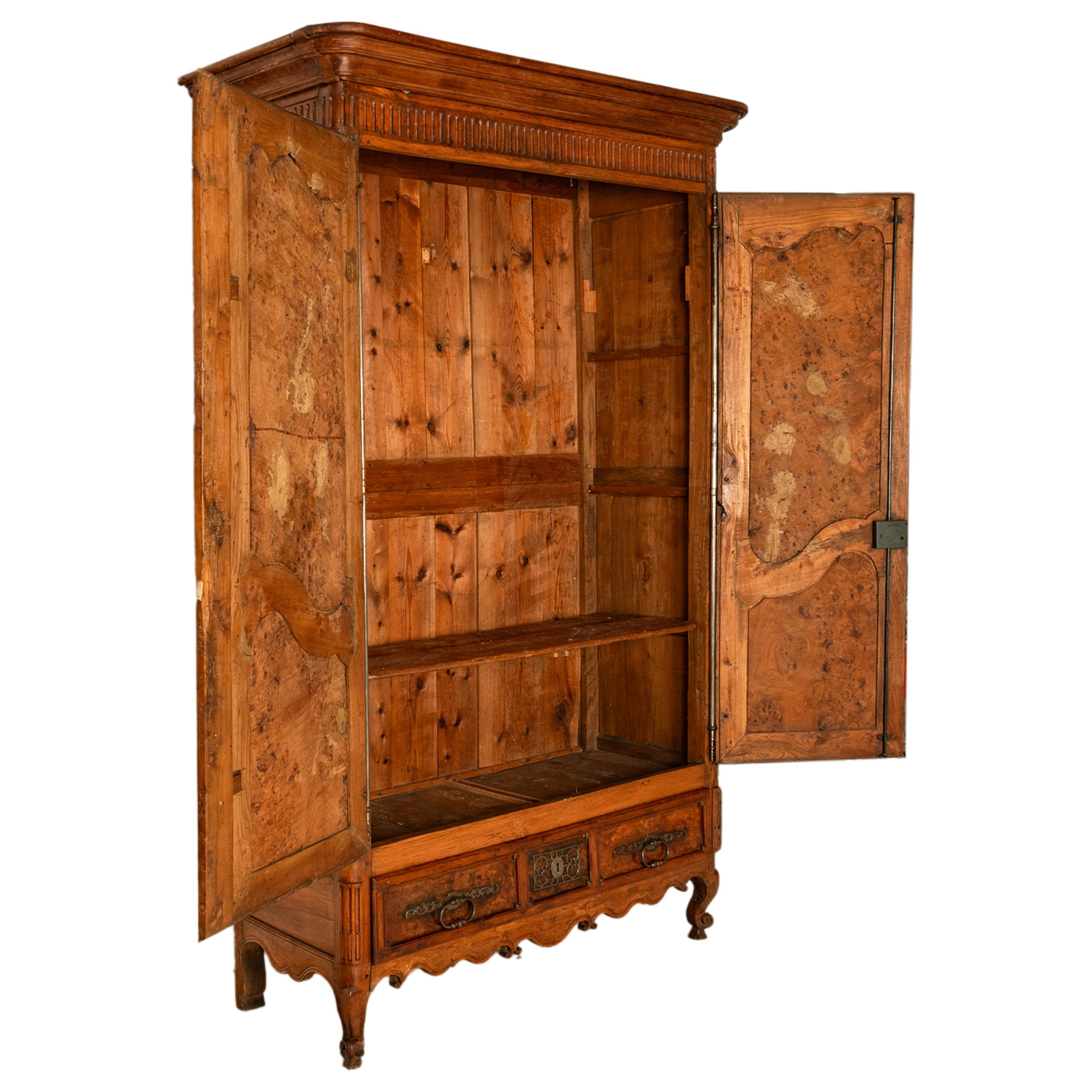 Antique 18th Century Louis XV French Provincial Burl Chestnut Walnut Armoire For Sale 4