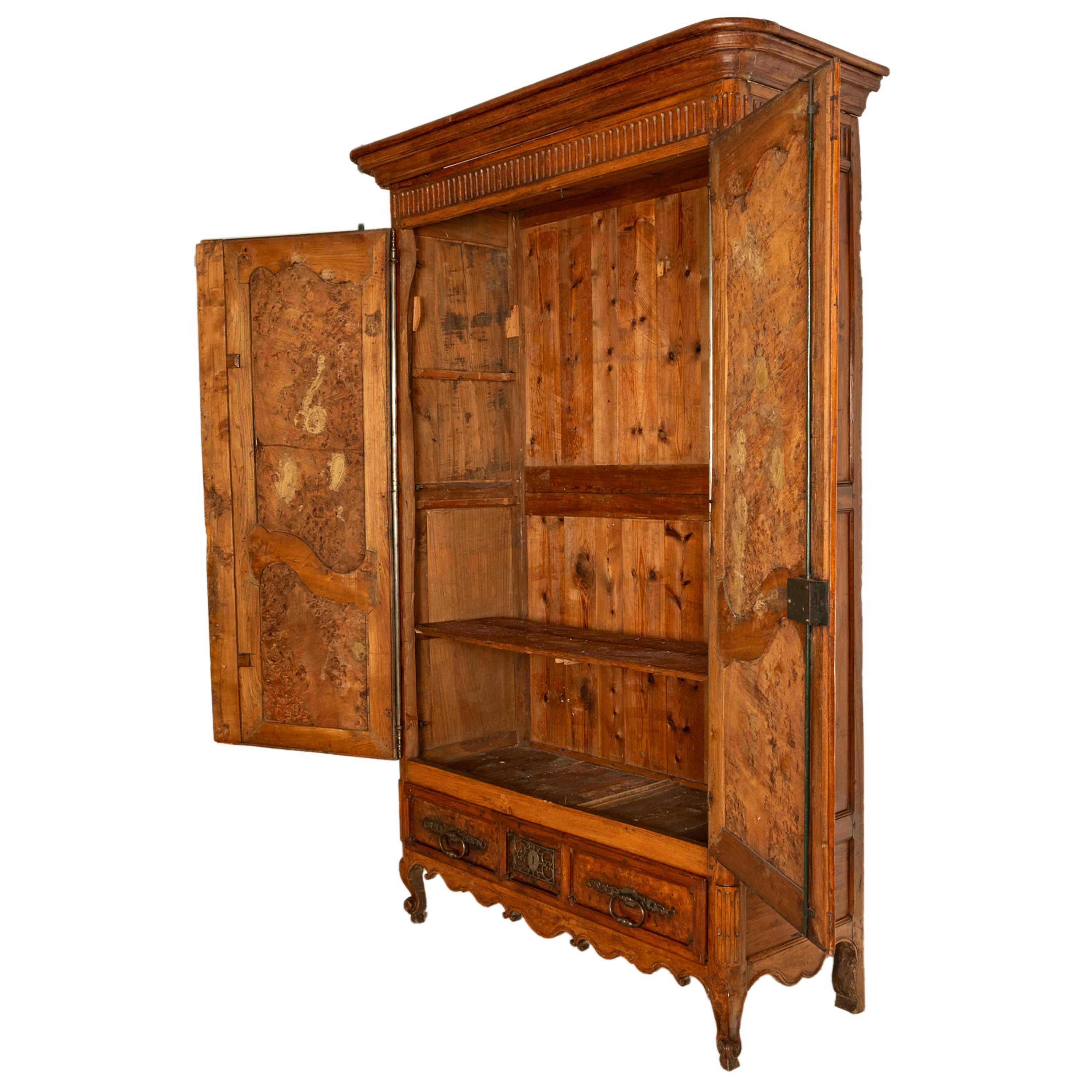 Antique 18th Century Louis XV French Provincial Burl Chestnut Walnut Armoire For Sale 6