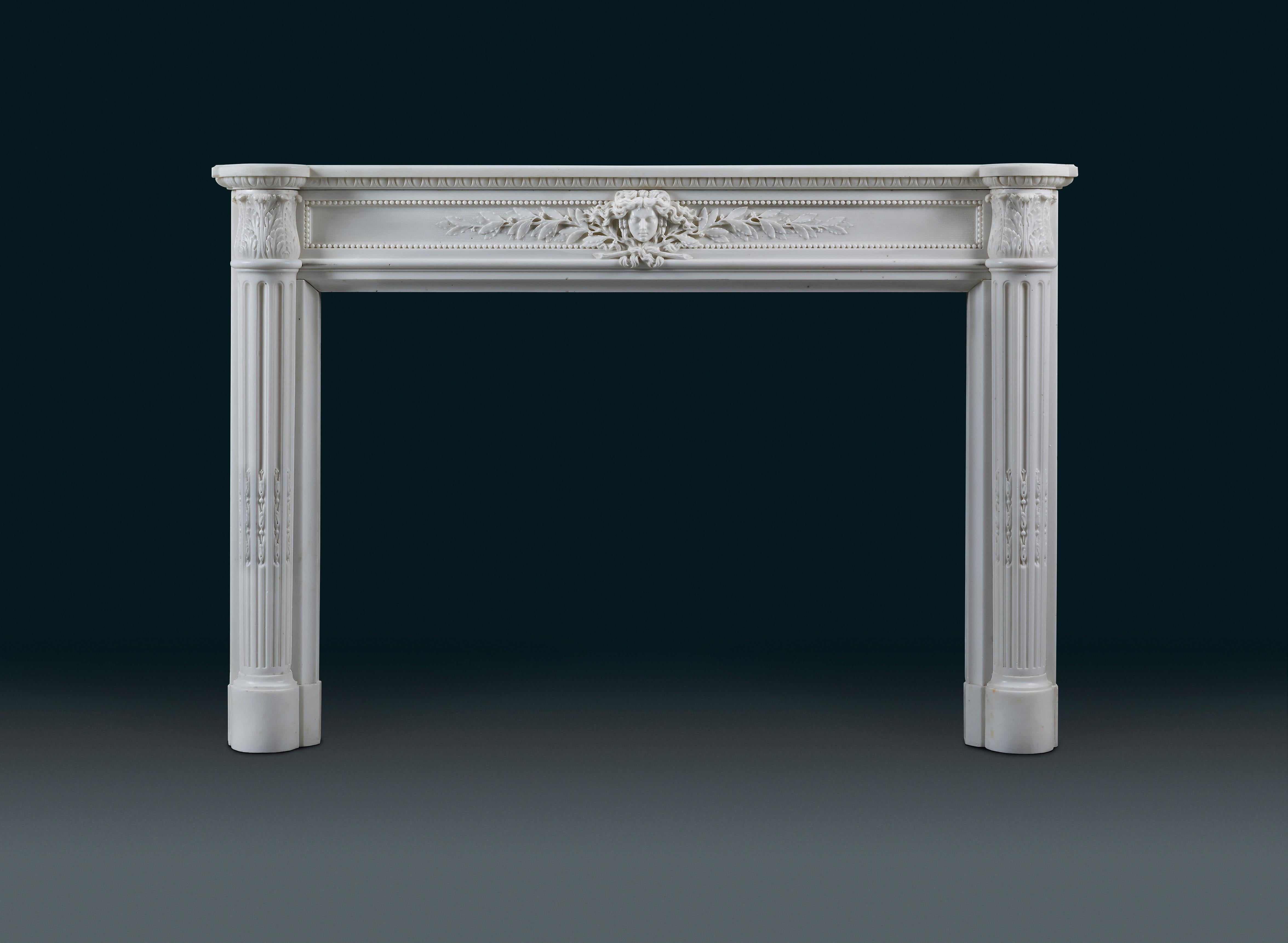 A superb 18th century French, Louis XV (1774-1794) style and period, antique statuary marble chimneypiece.
Of typical rectangular form and carved to the very highest quality. The shelf breaking forward over the jambs, the frieze headed with a band