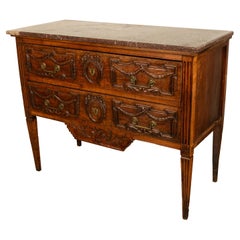 Antique 18th Century Louis XVI French Carved Walnut Marble Top Commode Chest