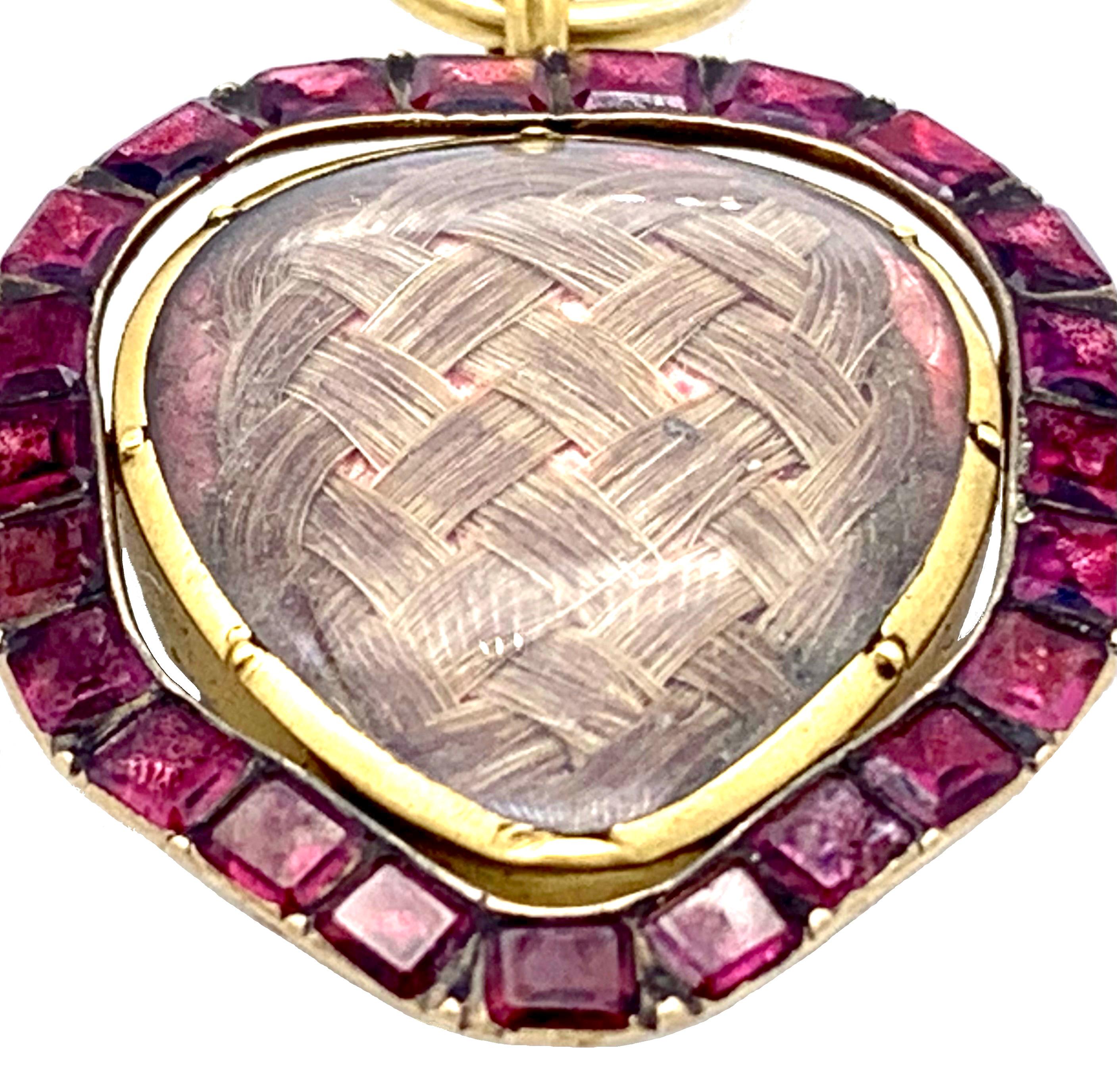 Square Cut Antique 18th Century Lovers Heart Pendant Garnet 15 Gold Sentimental Token   For Sale