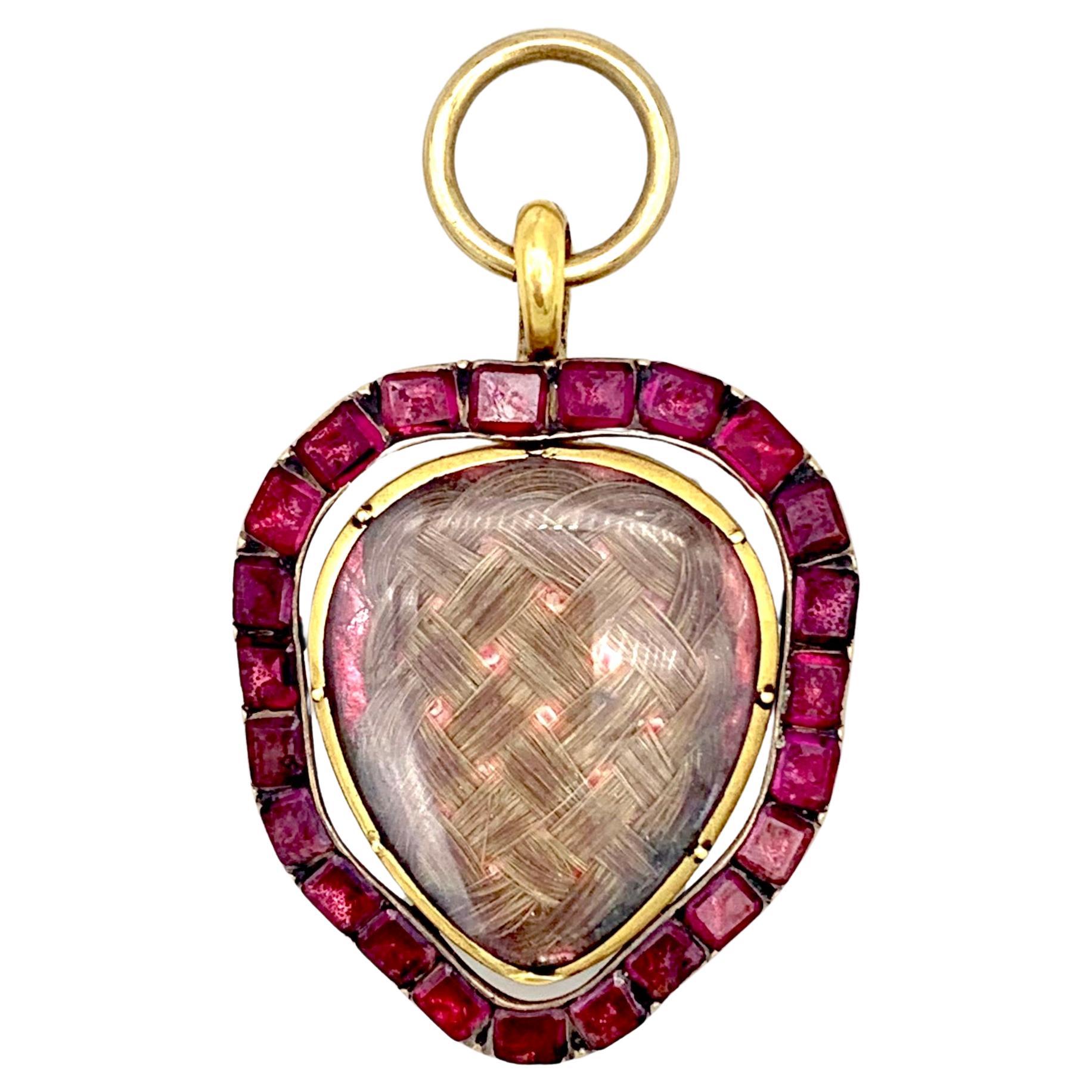 Antique 18th Century Lovers Heart Pendant Garnet 15 Gold Sentimental Token   For Sale