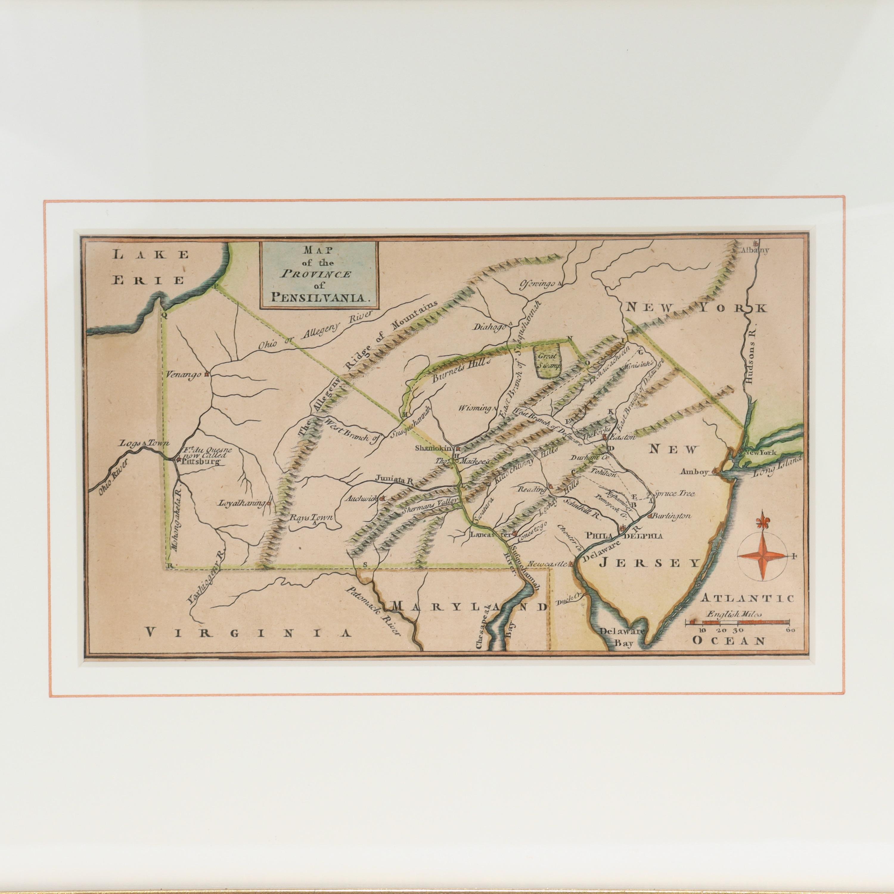 Colonial américain Carte ancienne du 18e siècle de la province de Pensilvania « État de Pennsylvanie » en vente